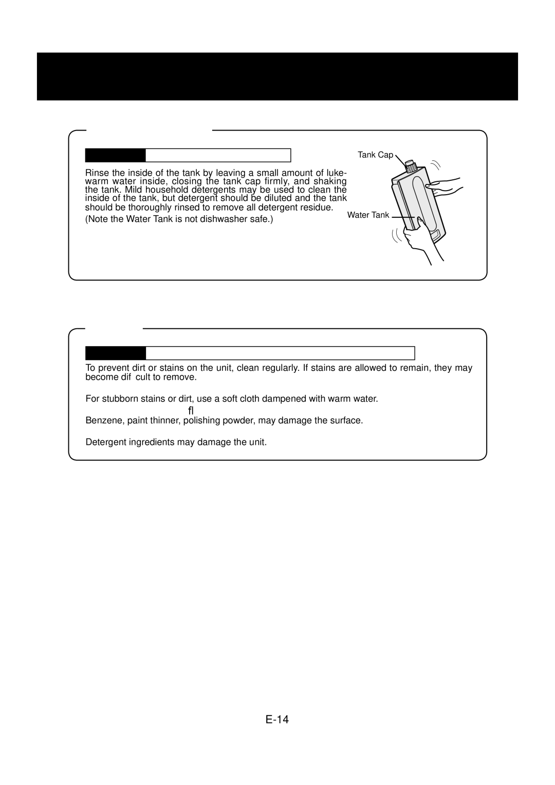 Sharp KC-830U operation manual Water Tank, Unit, Do not use volatile ﬂuids, Do not use detergents 