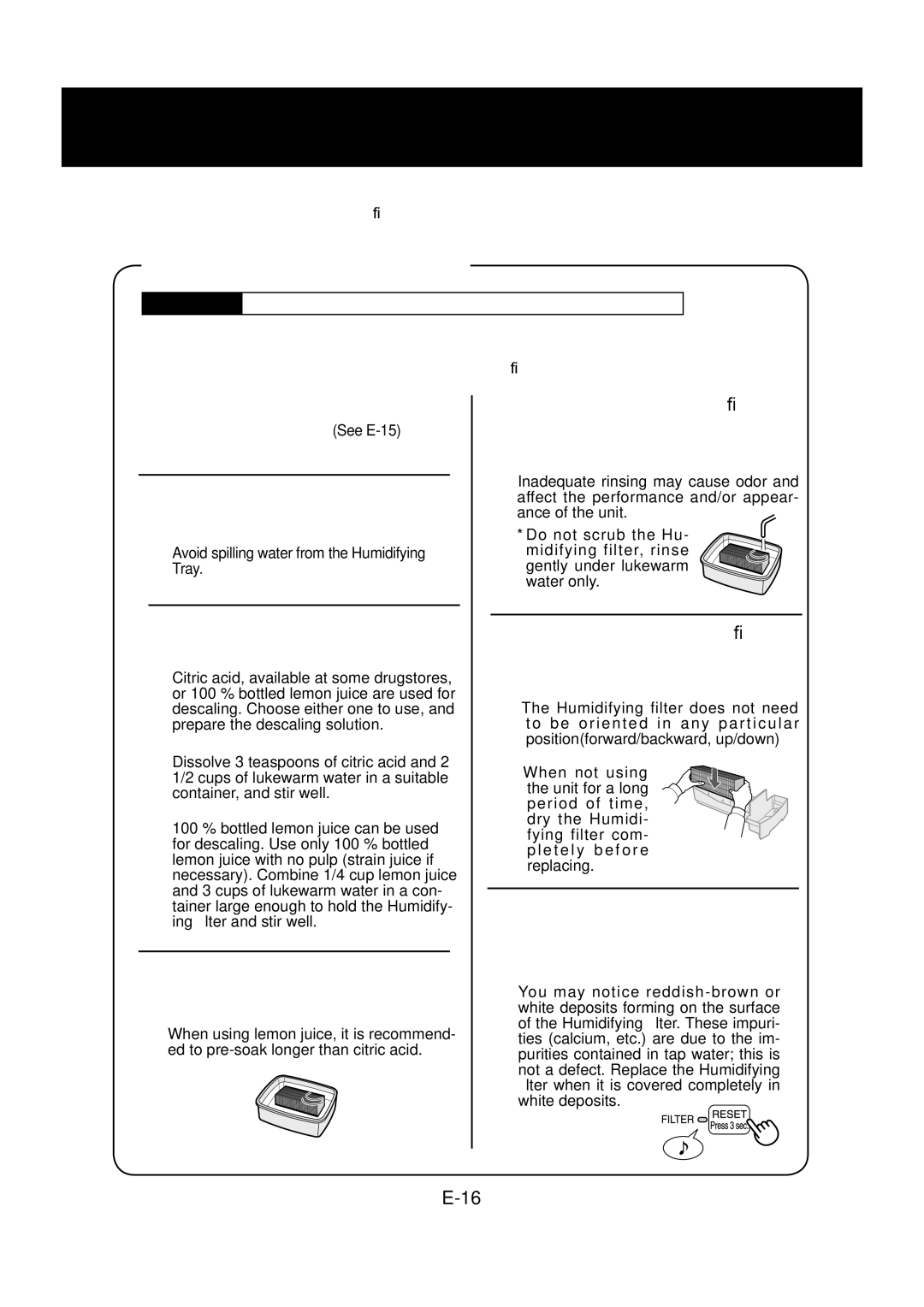 Sharp KC-830U Humidifying Filter, Preparing the descaling solu- tion, For using citric acid, For using lemon juice 