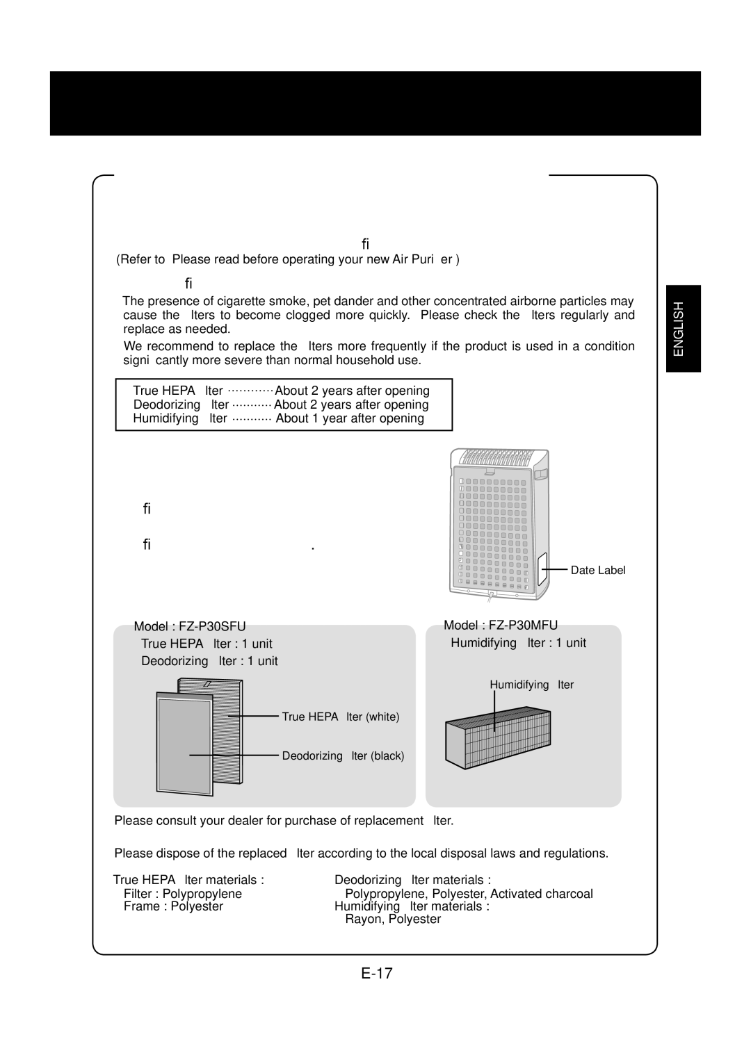 Sharp KC-830U Filter Replacement Guidelines, Guide for ﬁlter replacement timing, Replacement Filters, Disposal of Filter 