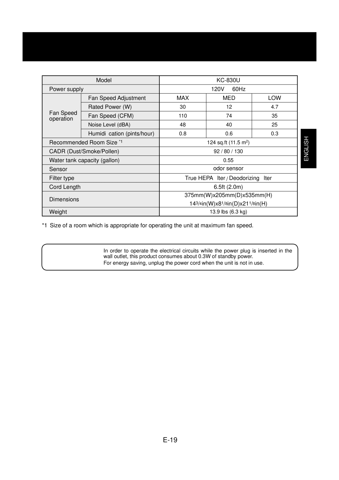 Sharp KC-830U operation manual Specifications, Standby Power 