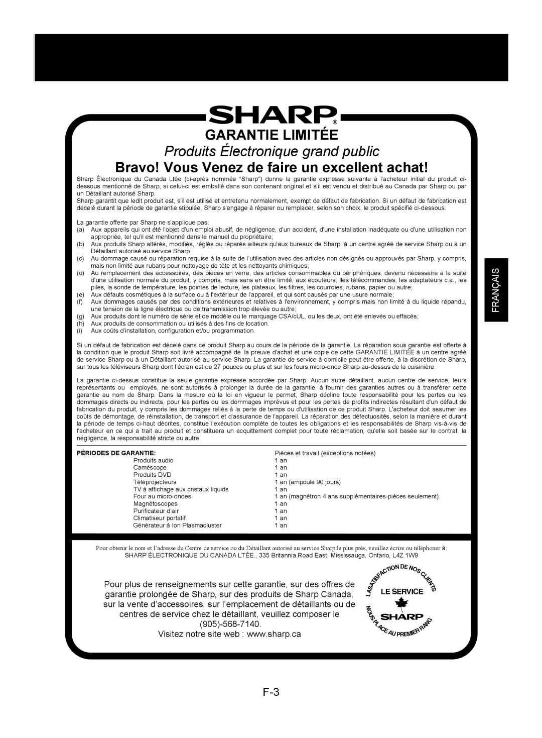 Sharp KC-830U operation manual Garantie Limitée 