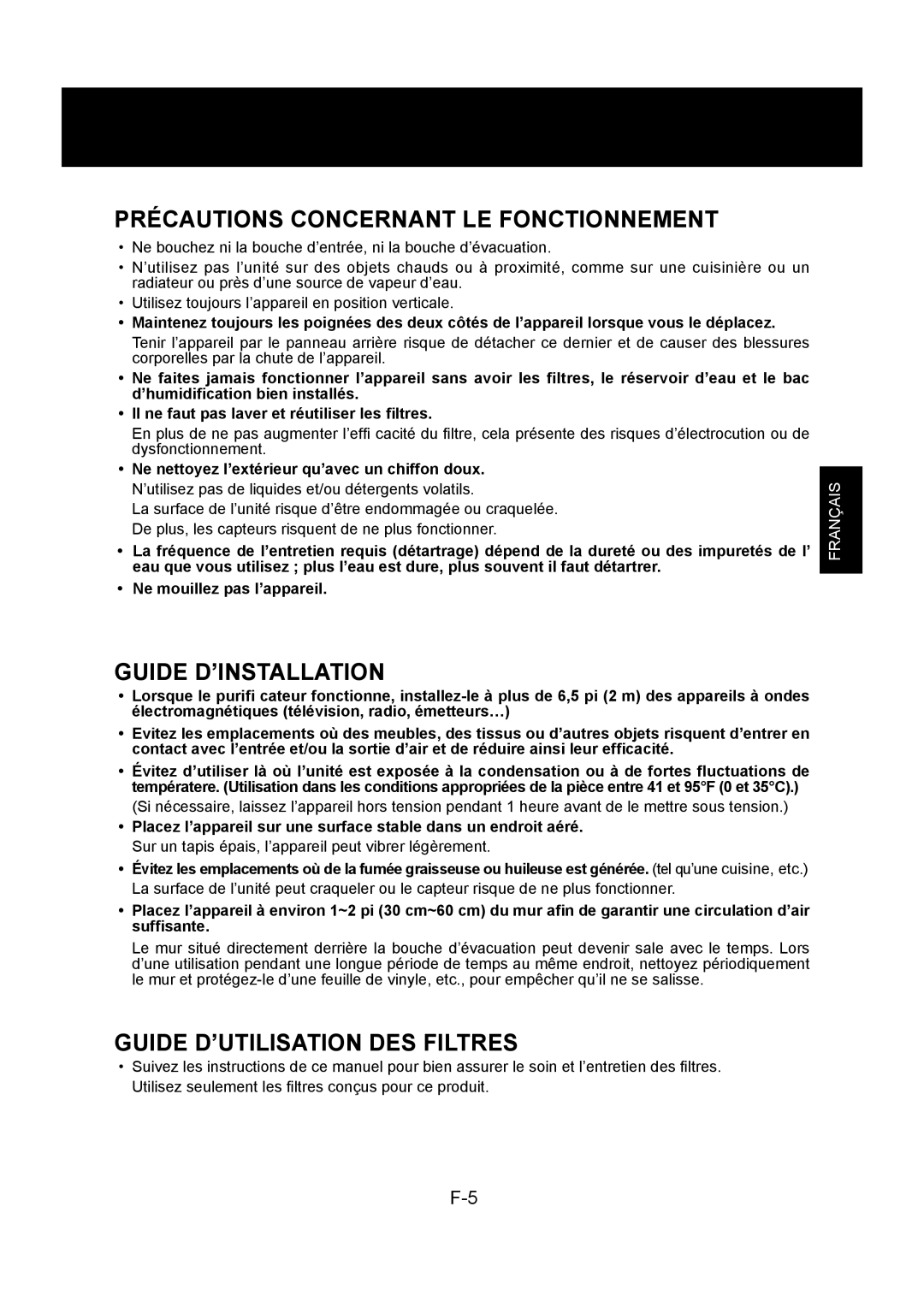 Sharp KC-830U Précautions Concernant LE Fonctionnement, Guide D’INSTALLATION, Guide D’UTILISATION DES Filtres 