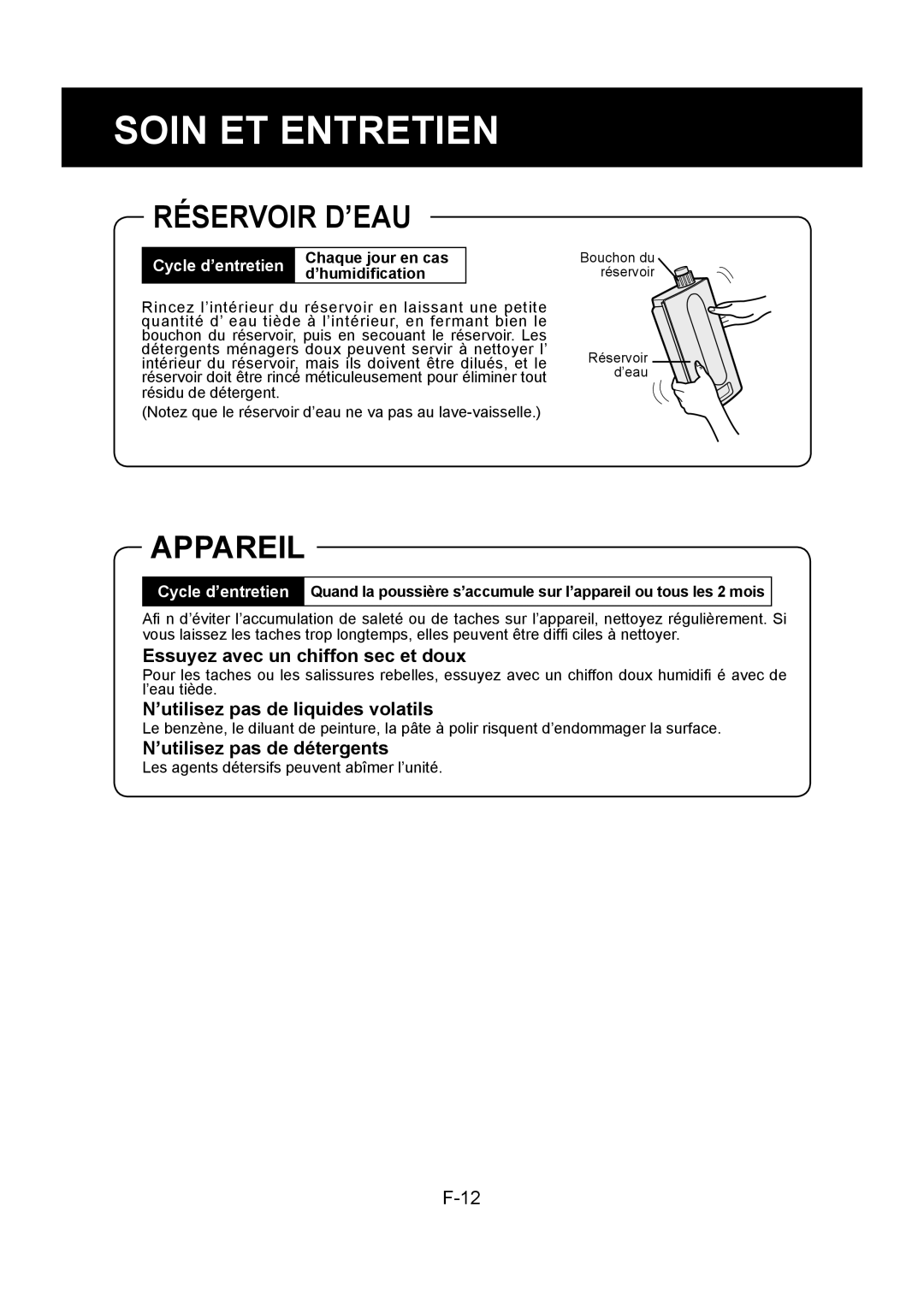 Sharp KC-830U Réservoir D’EAU, Appareil, Essuyez avec un chiffon sec et doux, ’utilisez pas de liquides volatils 