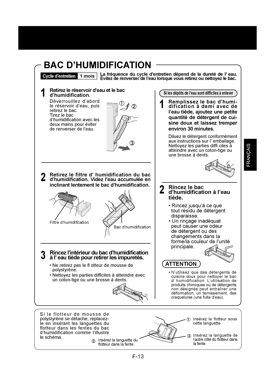 Sharp KC-830U Bac D’Humidification, Rincez le bac d’humidiﬁcation à l’eau tiède, ’ eau tiède pour retirer les impuretés 