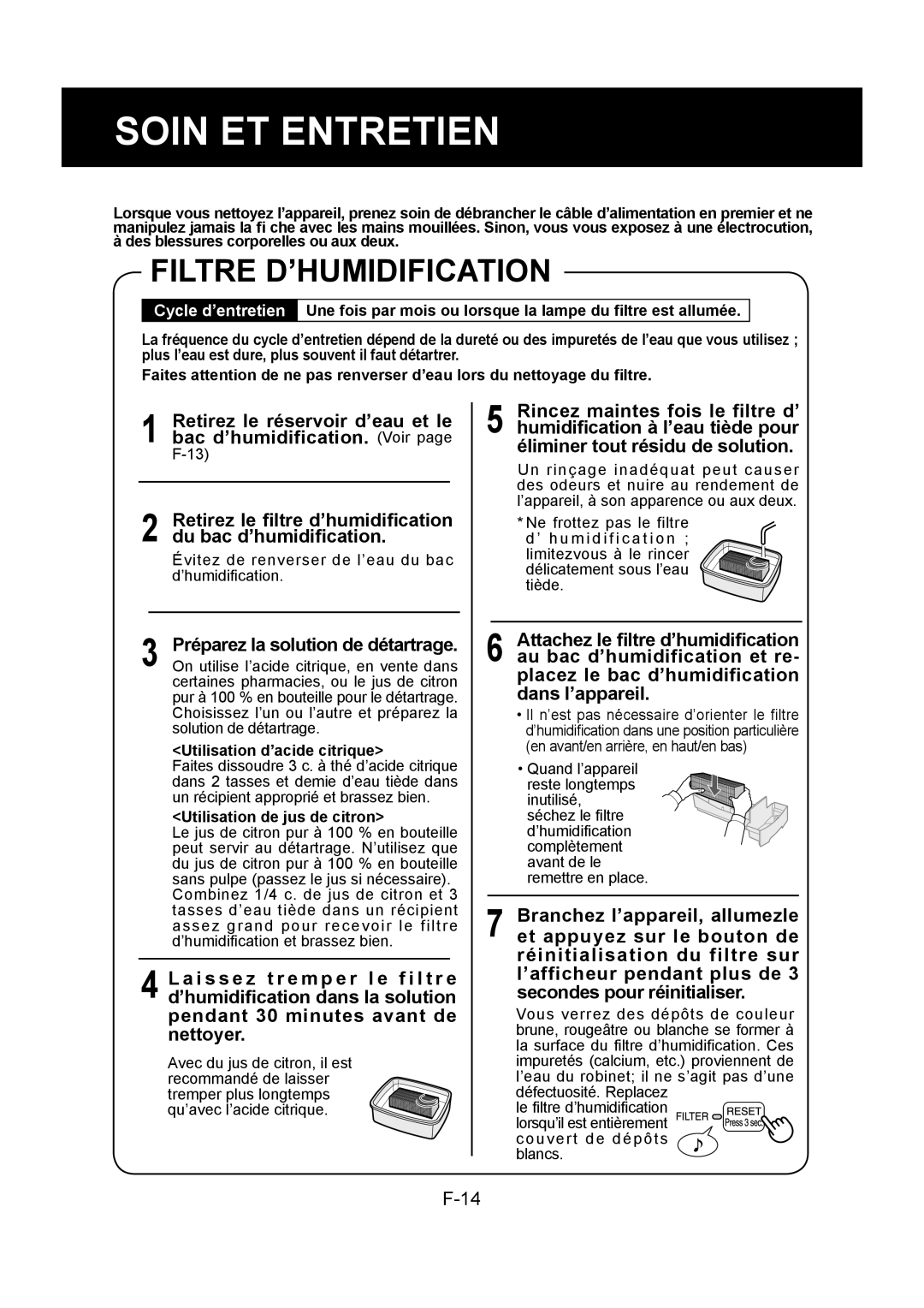 Sharp KC-830U operation manual Filtre D’HUMIDIFICATION, Retirez le réservoir d’eau et le, Bac d’humidification. Voir 