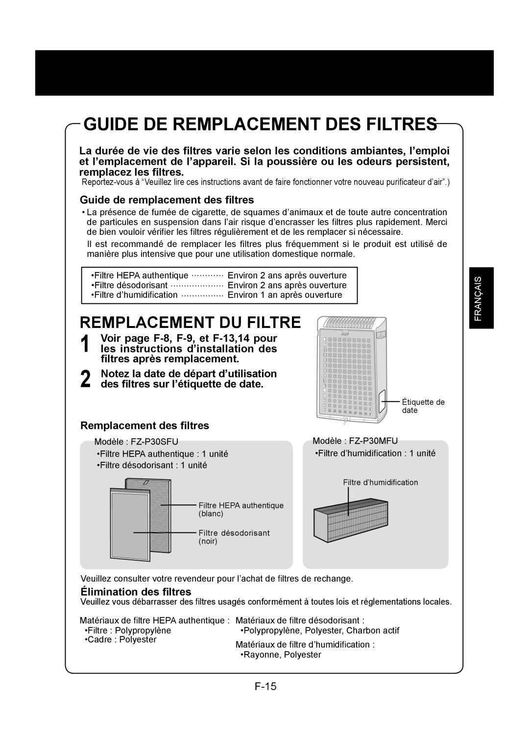 Sharp KC-830U operation manual Guide DE Remplacement DES Filtres, Guide de remplacement des ﬁltres, Élimination des ﬁltres 