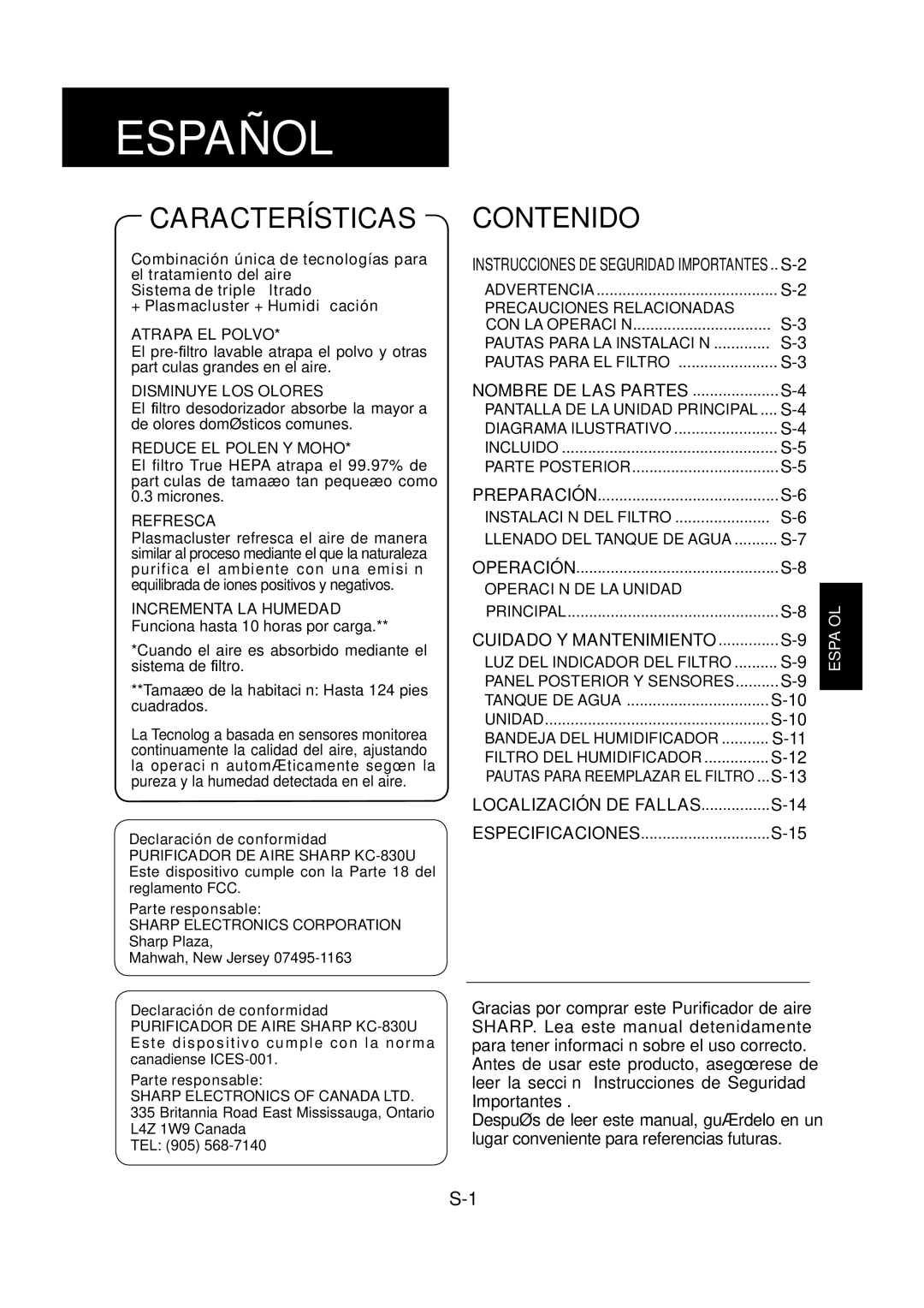 Sharp KC-830U operation manual Nombre DE LAS Partes .................... S-4, Cuidado Y Mantenimiento .............. S-9 