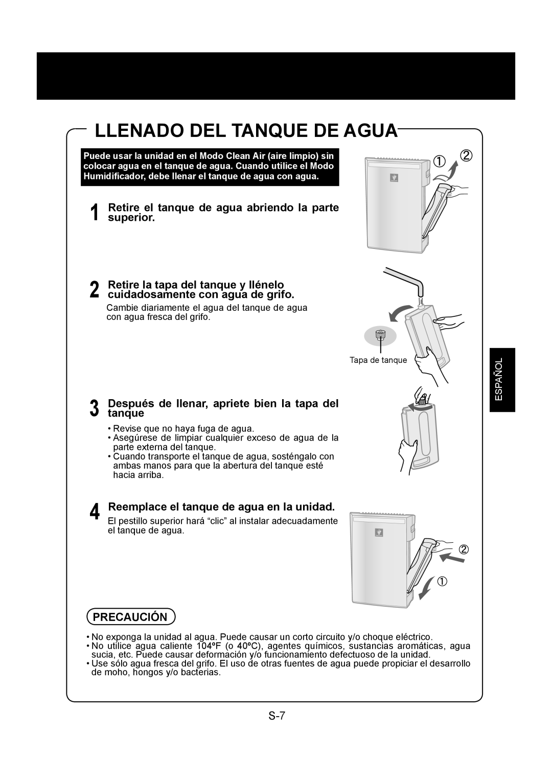 Sharp KC-830U operation manual Llenado DEL Tanque DE Agua, Después de llenar, apriete bien la tapa del tanque 