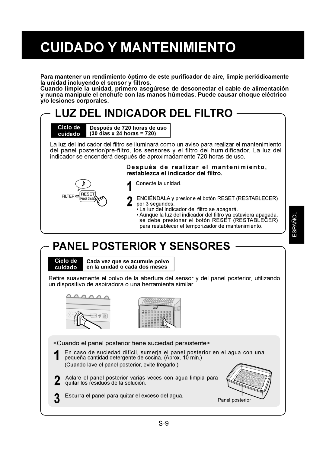 Sharp KC-830U operation manual Cuidado Y Mantenimiento, LUZ DEL Indicador DEL Filtro, Panel Posterior Y Sensores 