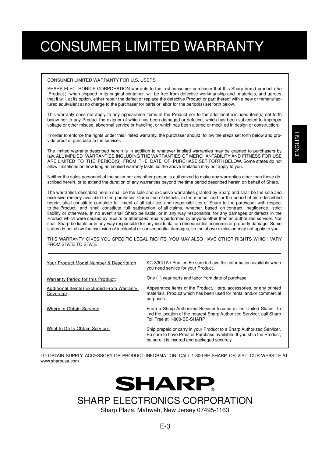 Sharp KC-830U operation manual Consumer Limited Warranty for U.S. Users 