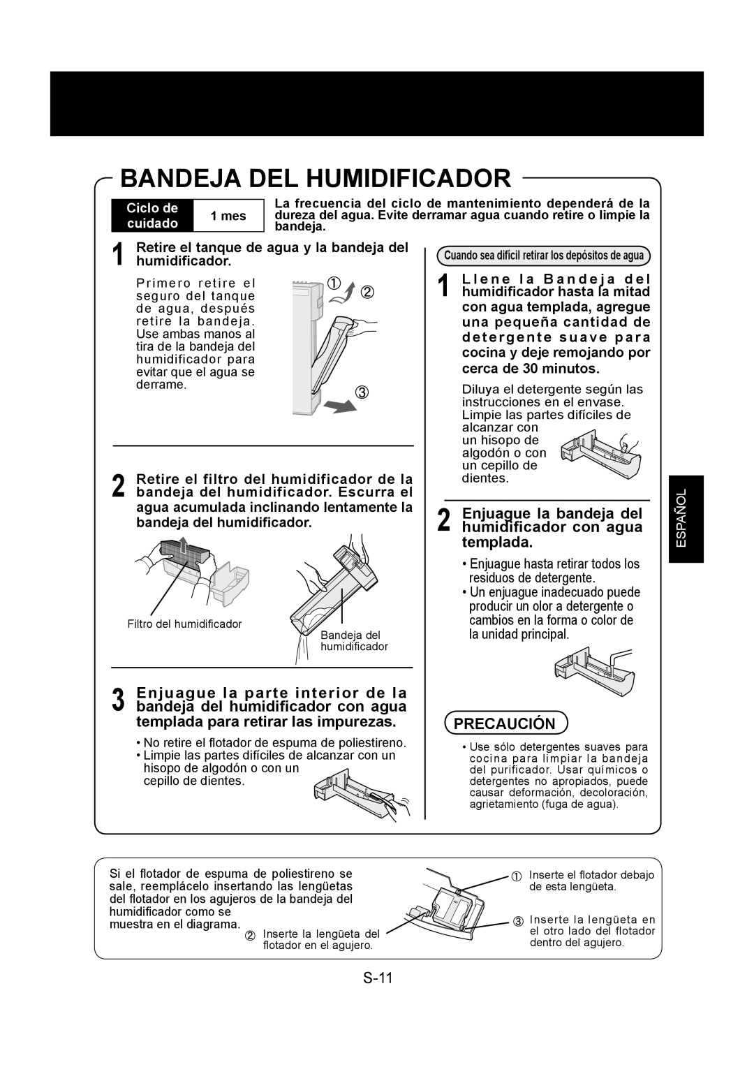 Sharp KC-830U operation manual Bandeja DEL Humidificador, Enjuague la bandeja del humidificador con agua templada 