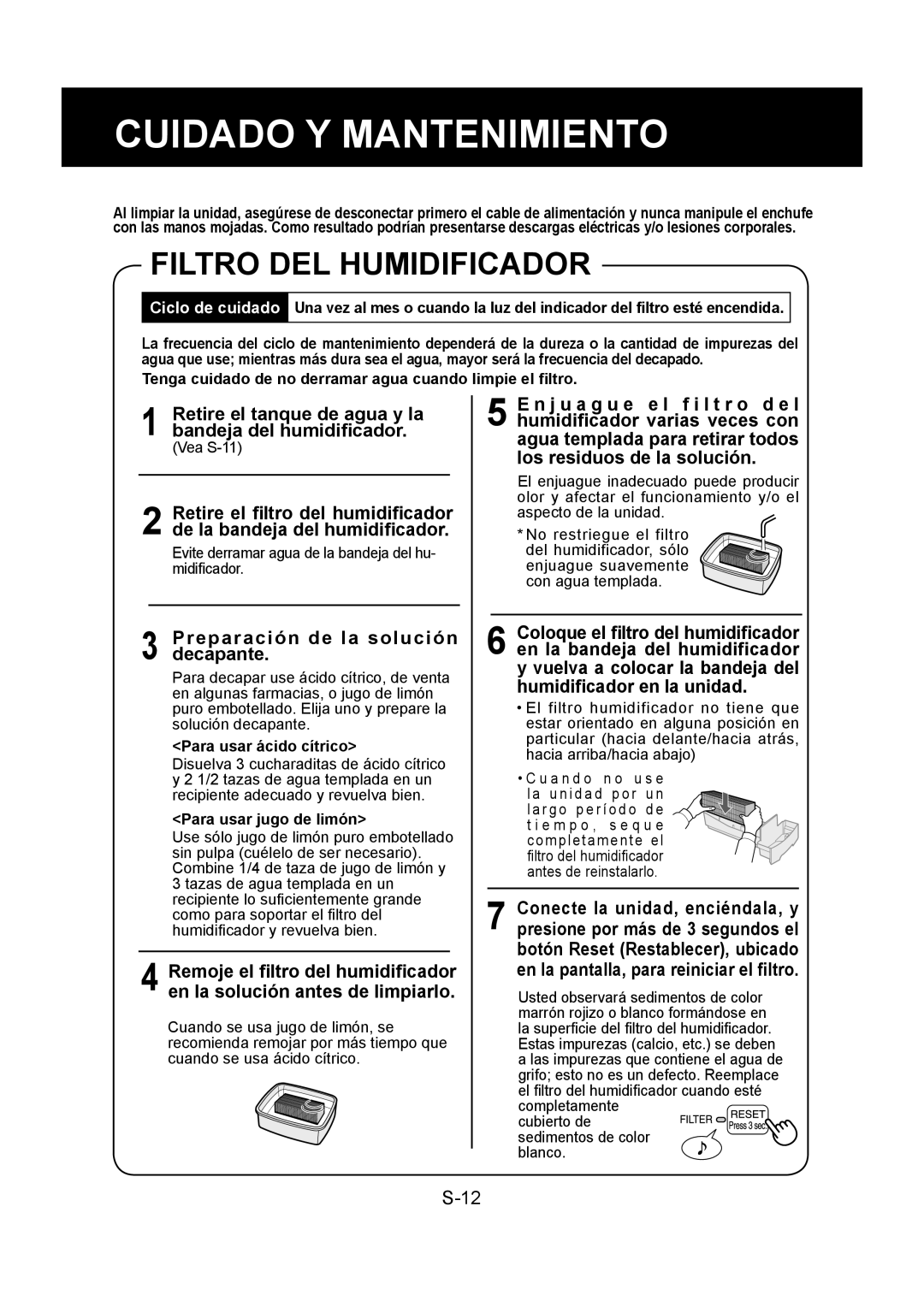 Sharp KC-830U operation manual Filtro DEL Humidificador, Retire el tanque de agua y la bandeja del humidiﬁcador 