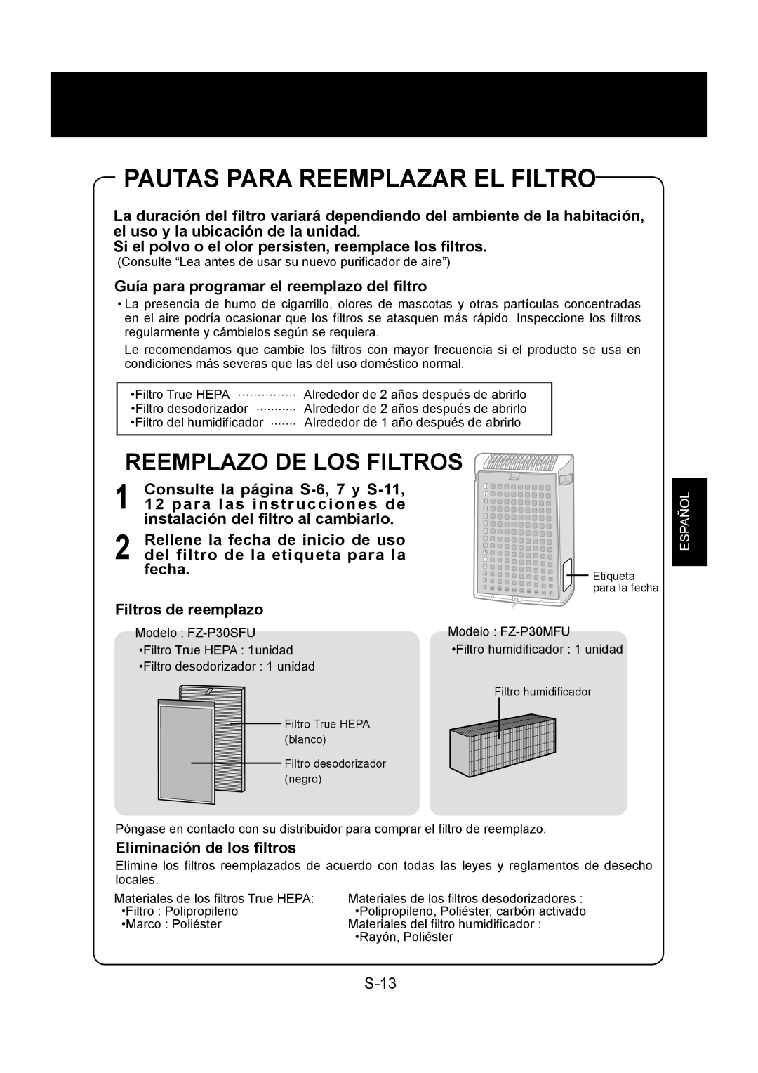 Sharp KC-830U Pautas Para Reemplazar EL Filtro, Guía para programar el reemplazo del ﬁltro, Eliminación de los ﬁltros 