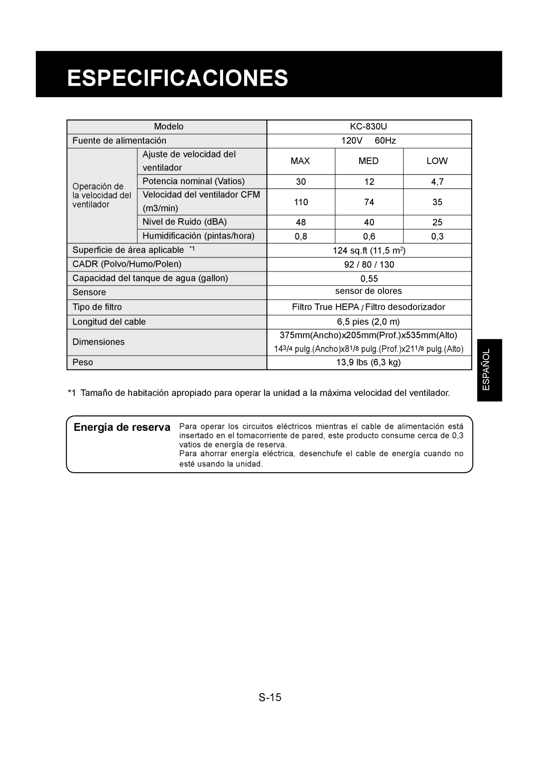 Sharp KC-830U operation manual Especificaciones, Energía de reserva 