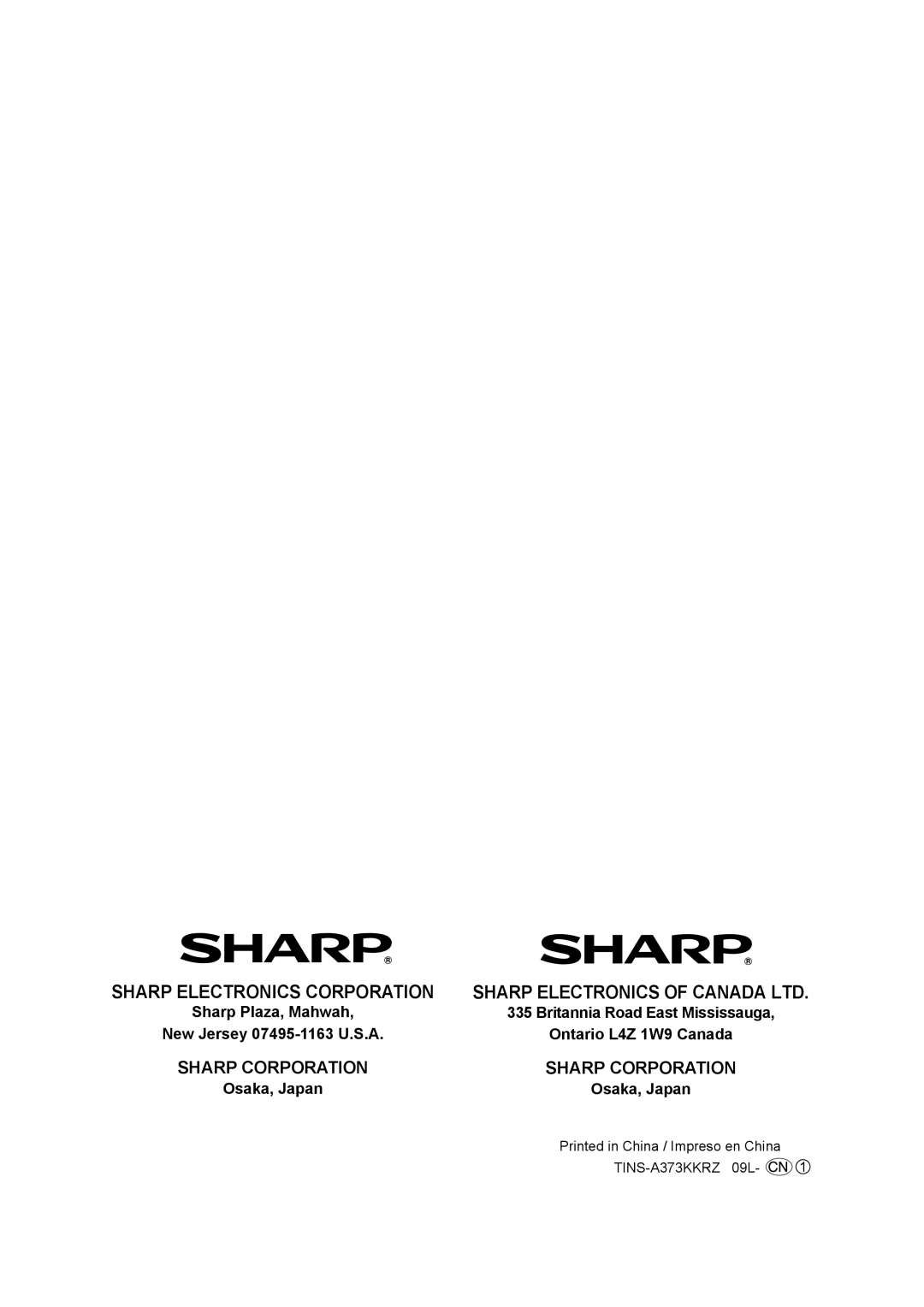 Sharp KC-830U operation manual New Jersey 07495-1163 U.S.A Ontario L4Z 1W9 Canada, Osaka, Japan 