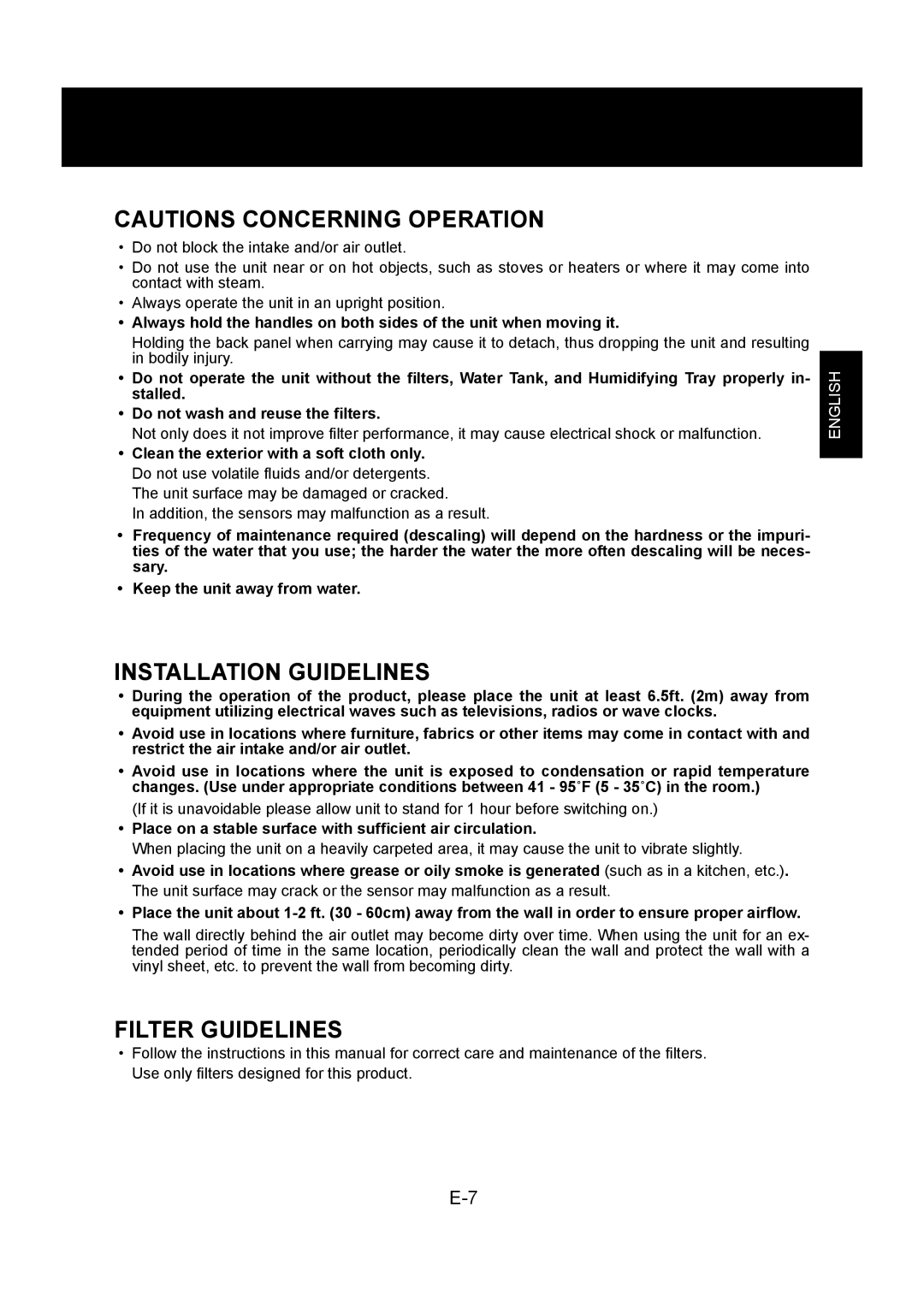 Sharp KC-830U Installation Guidelines, Filter Guidelines, Place on a stable surface with sufﬁcient air circulation 