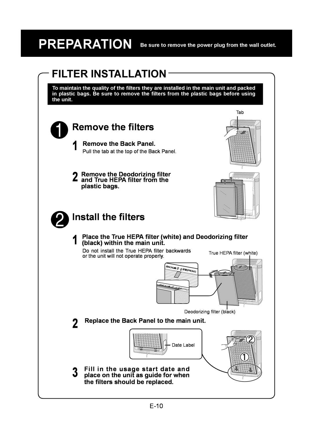 Sharp KC-830U operation manual Filter Installation, Remove the ﬁlters, Install the ﬁlters 