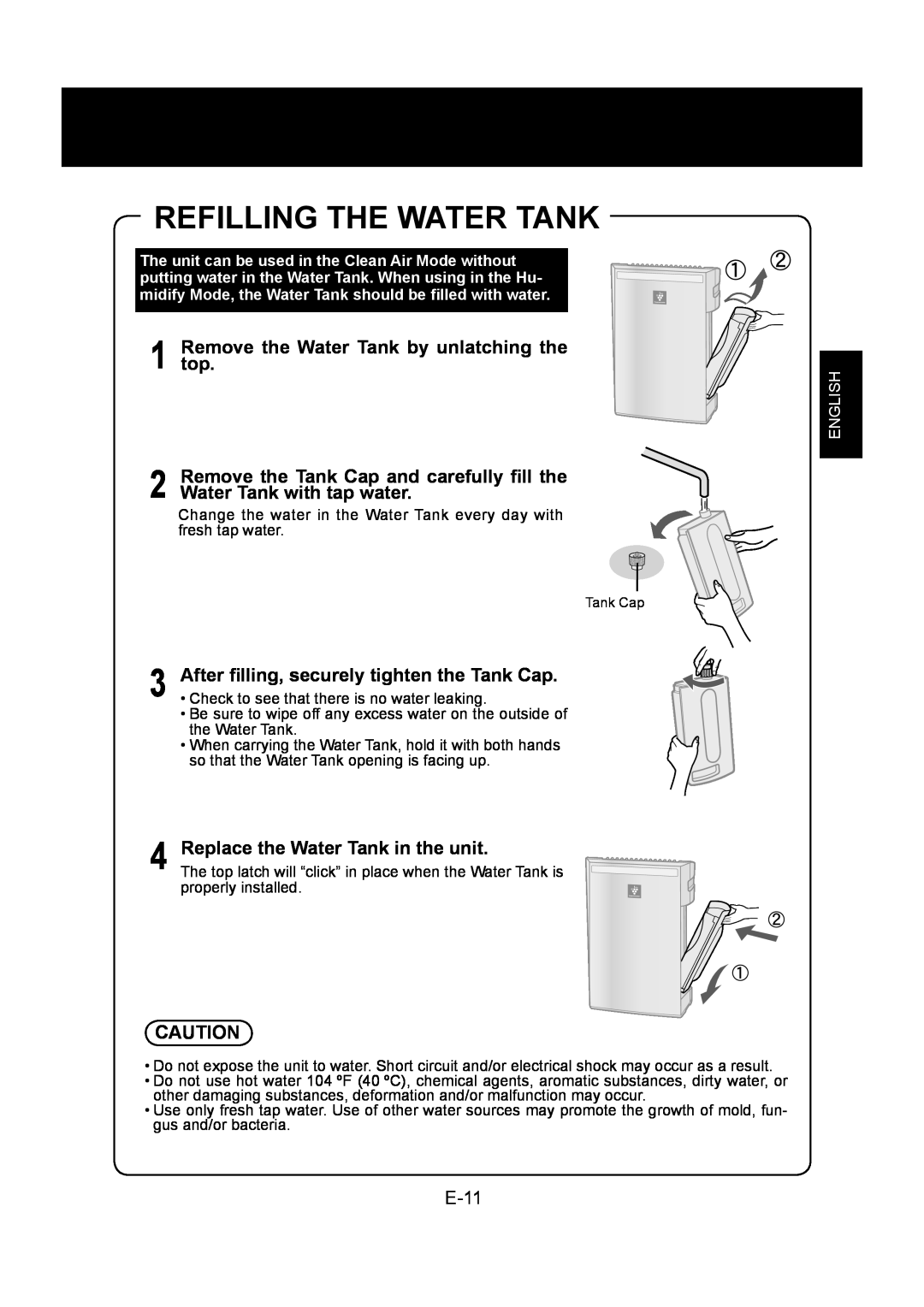 Sharp KC-830U operation manual Refilling The Water Tank, E-11, Remove the Water Tank by unlatching the top, English 