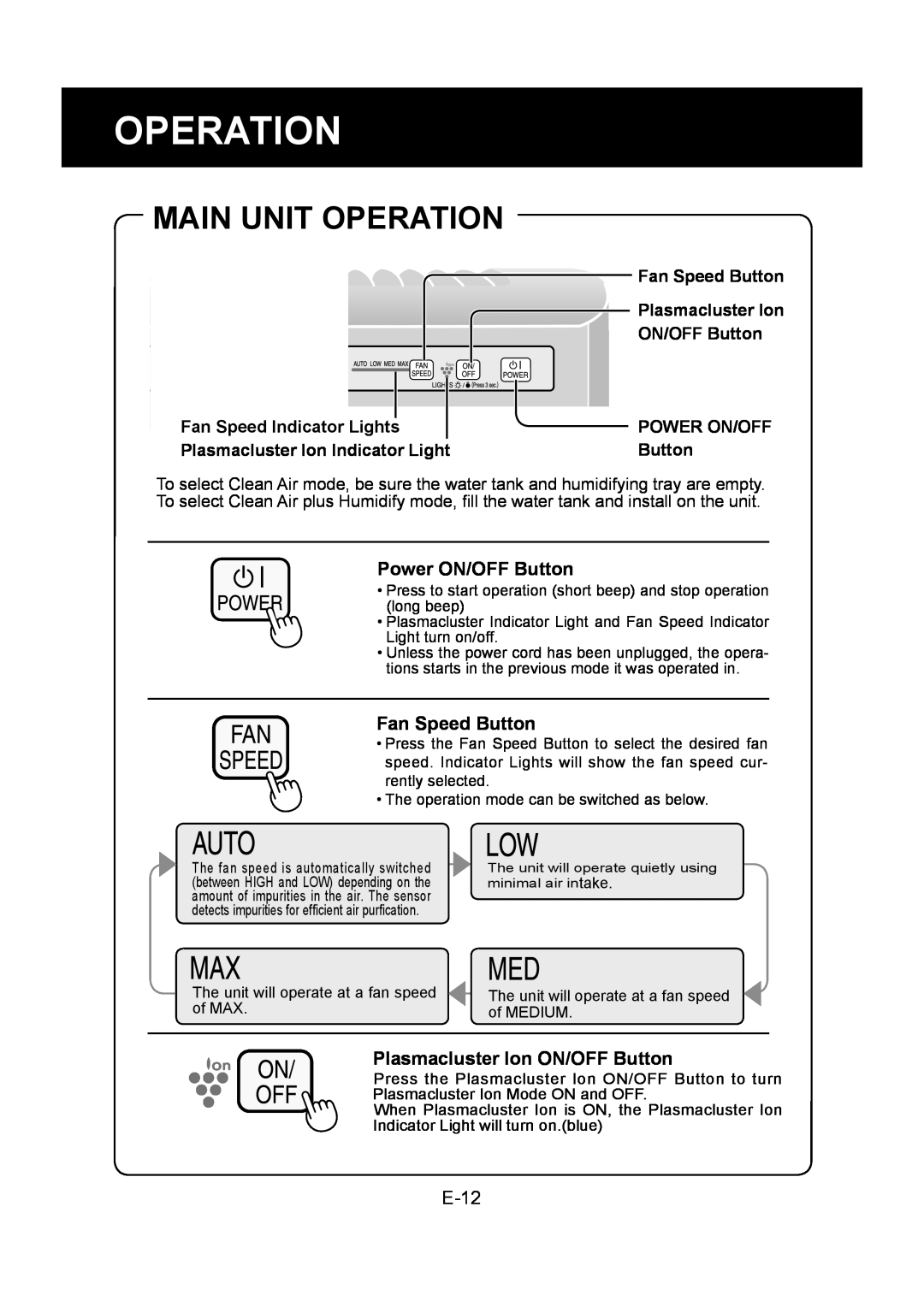 Sharp KC-830U operation manual Main Unit Operation, E-12, Power On/Off 