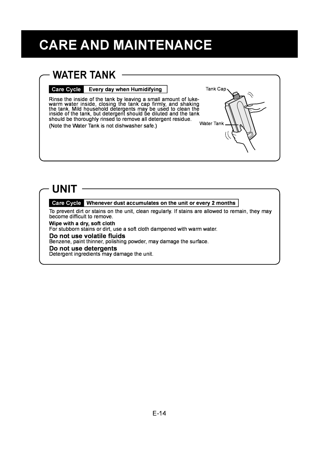 Sharp KC-830U operation manual Water Tank, Unit, E-14, Care And Maintenance, Care Cycle 