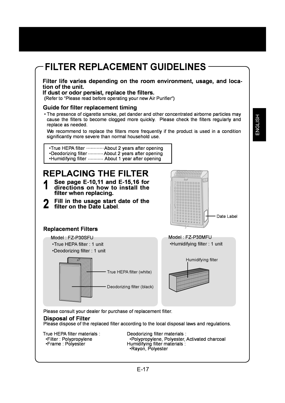 Sharp KC-830U operation manual Filter Replacement Guidelines, Replacing The Filter, E-17, English 
