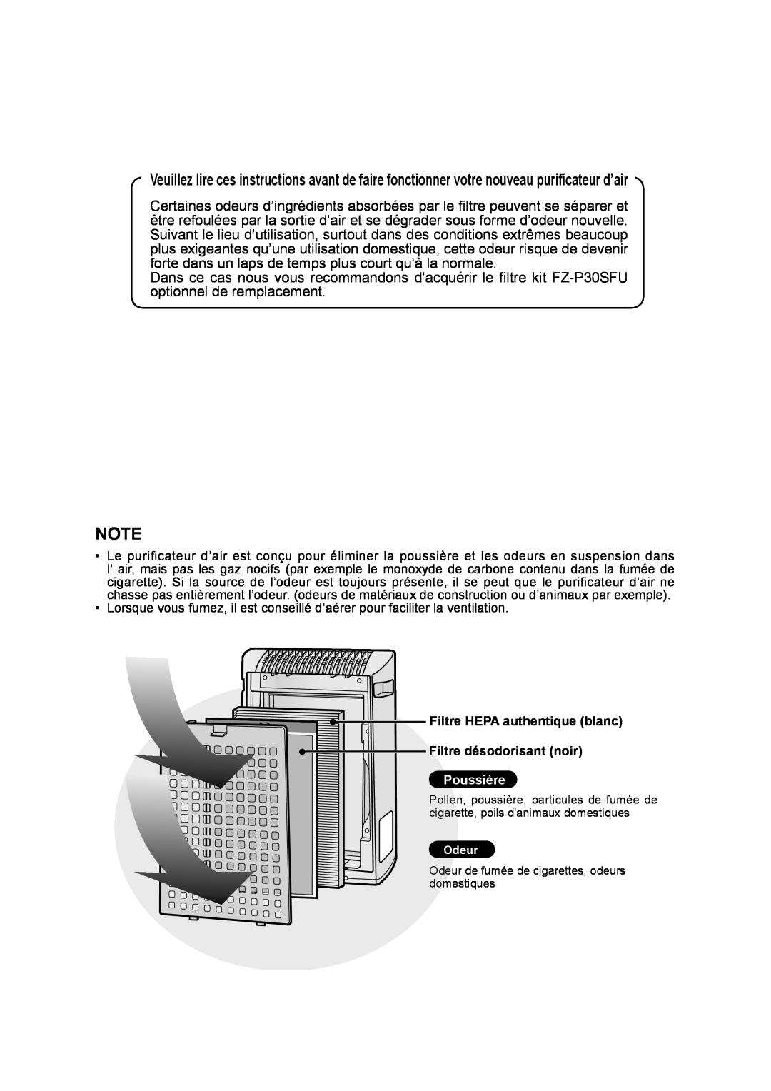 Sharp KC-830U operation manual Filtre HEPA authentique blanc, Filtre désodorisant noir, Poussière 