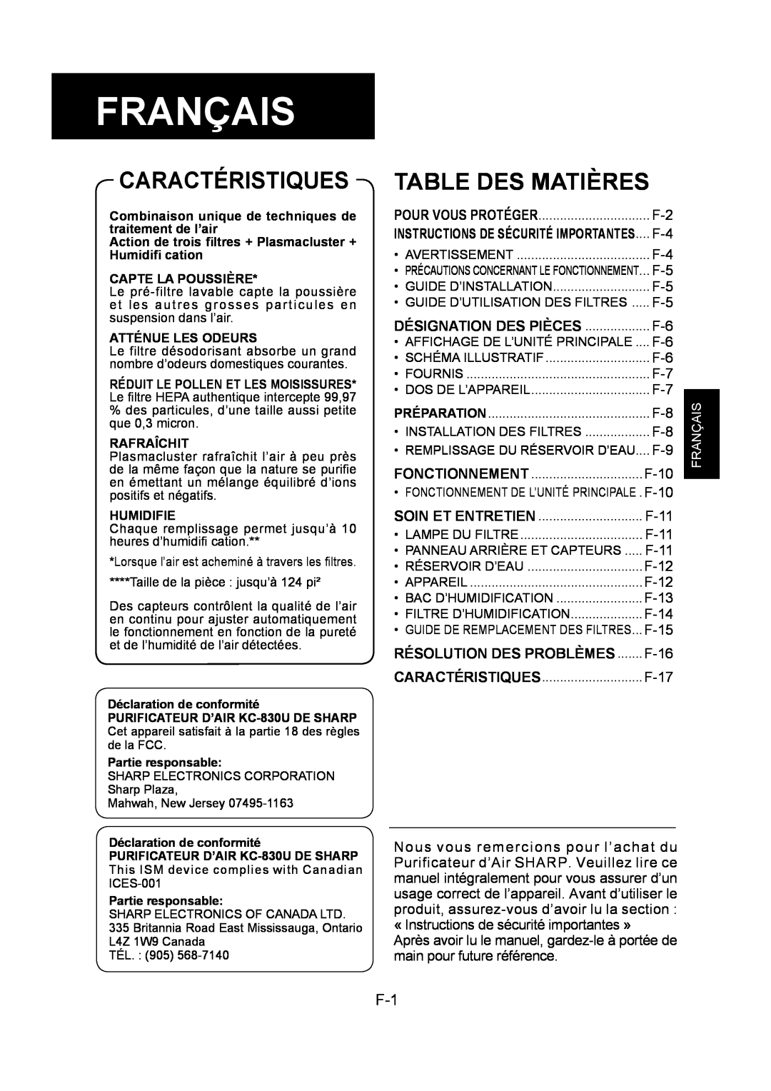 Sharp KC-830U operation manual Français, Caractéristiques, Table Des Matières 