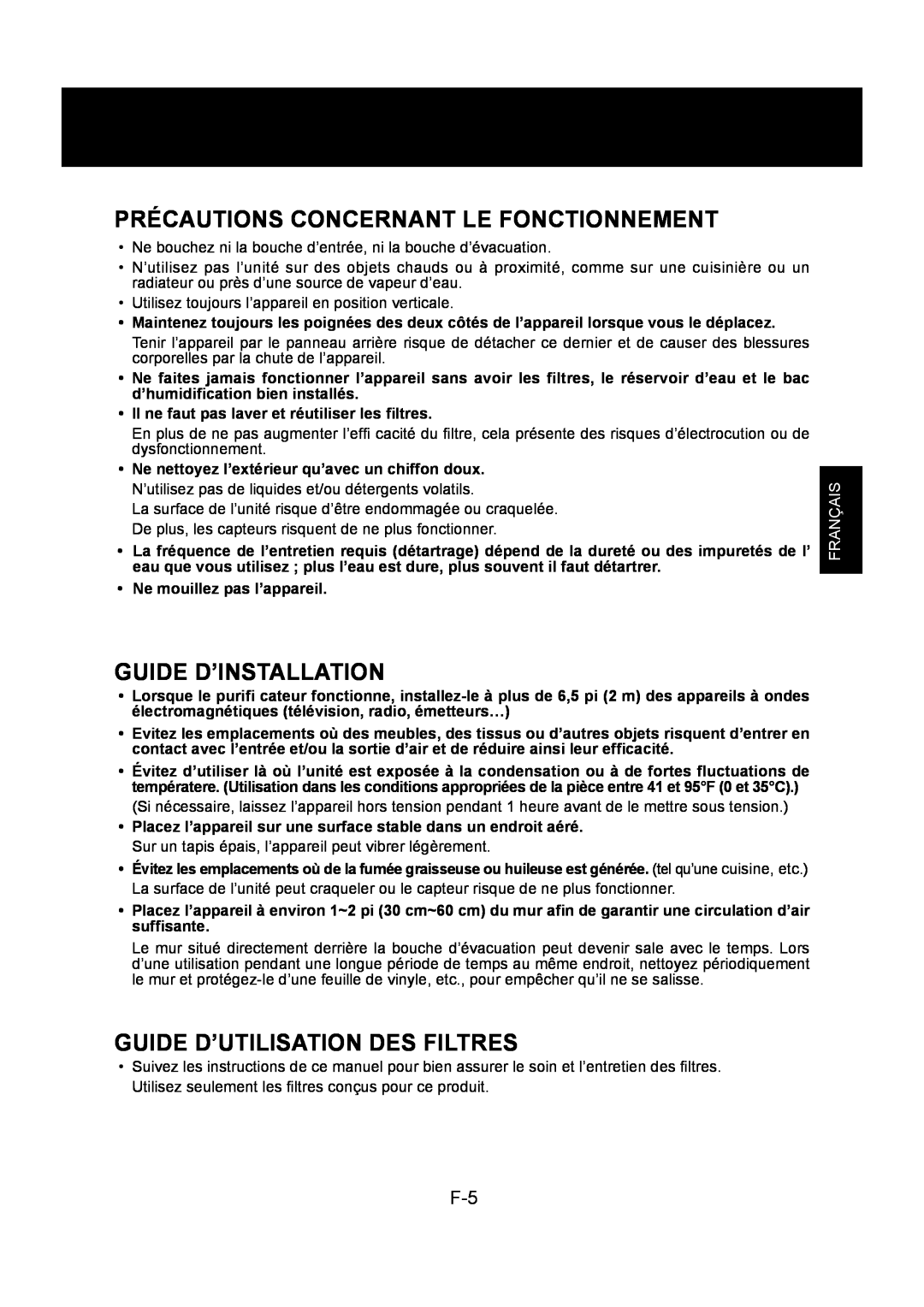 Sharp KC-830U Précautions Concernant Le Fonctionnement, Guide D’Installation, Guide D’Utilisation Des Filtres, Français 