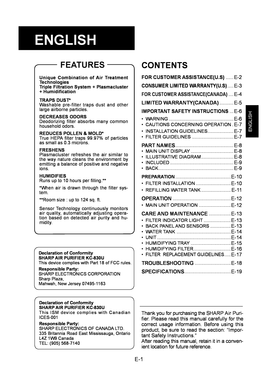 Sharp KC-830U operation manual English, Features, Contents 