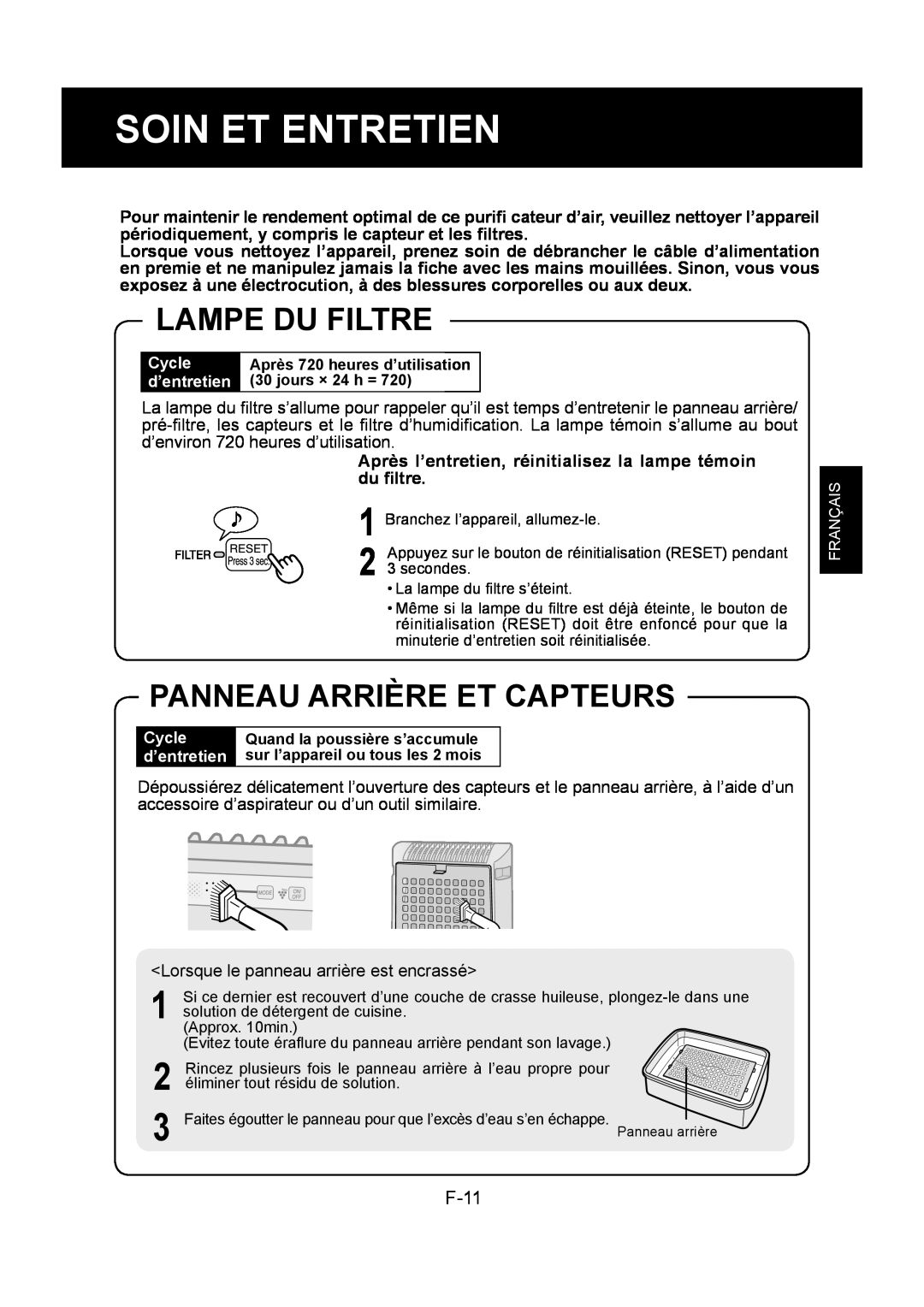 Sharp KC-830U operation manual Soin Et Entretien, Lampe Du Filtre, Panneau Arrière Et Capteurs, F-11, 1 2 3 