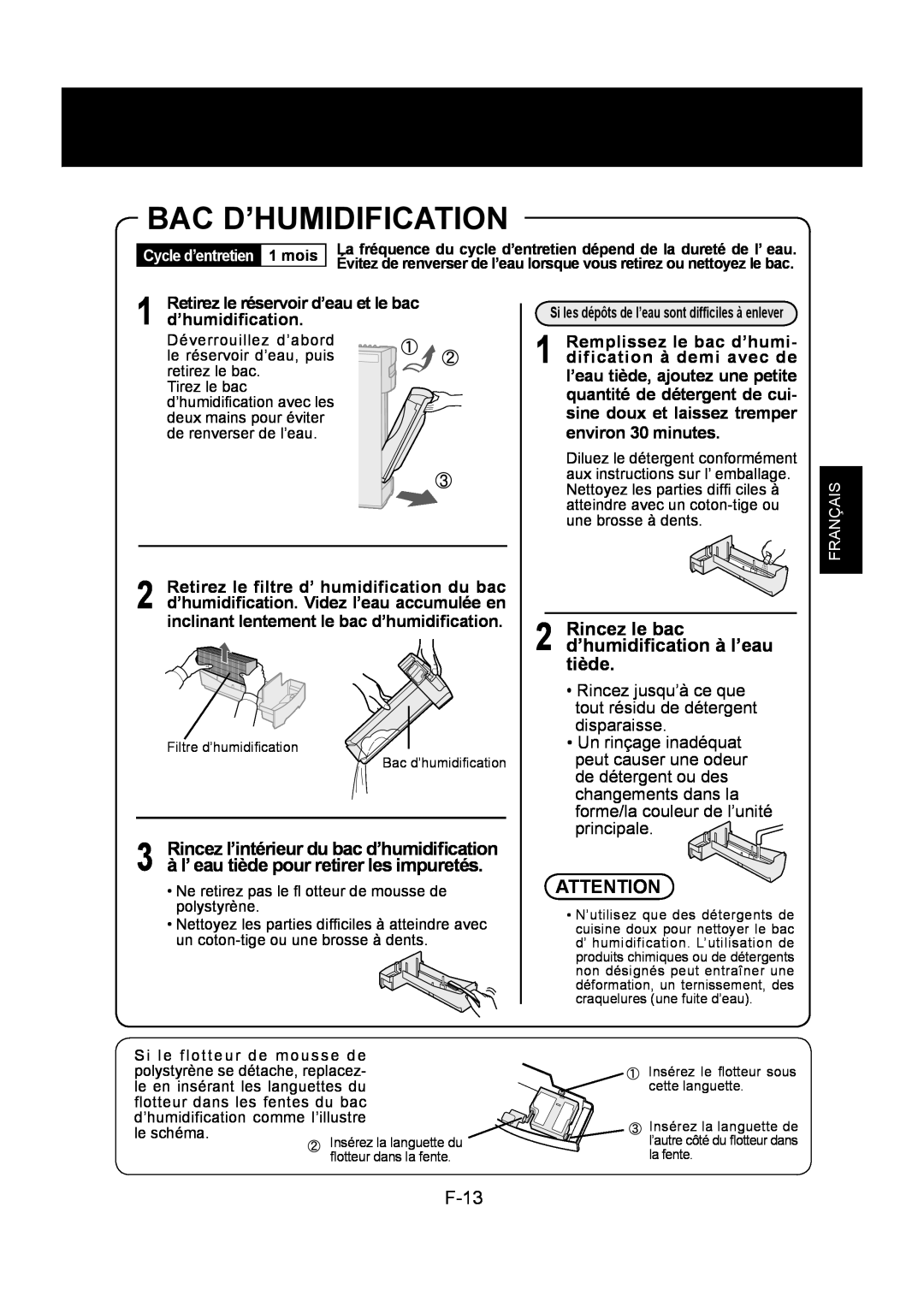 Sharp KC-830U operation manual Bac D’Humidification, F-13, Rincez le bac d’humidiﬁcation à l’eau tiède 