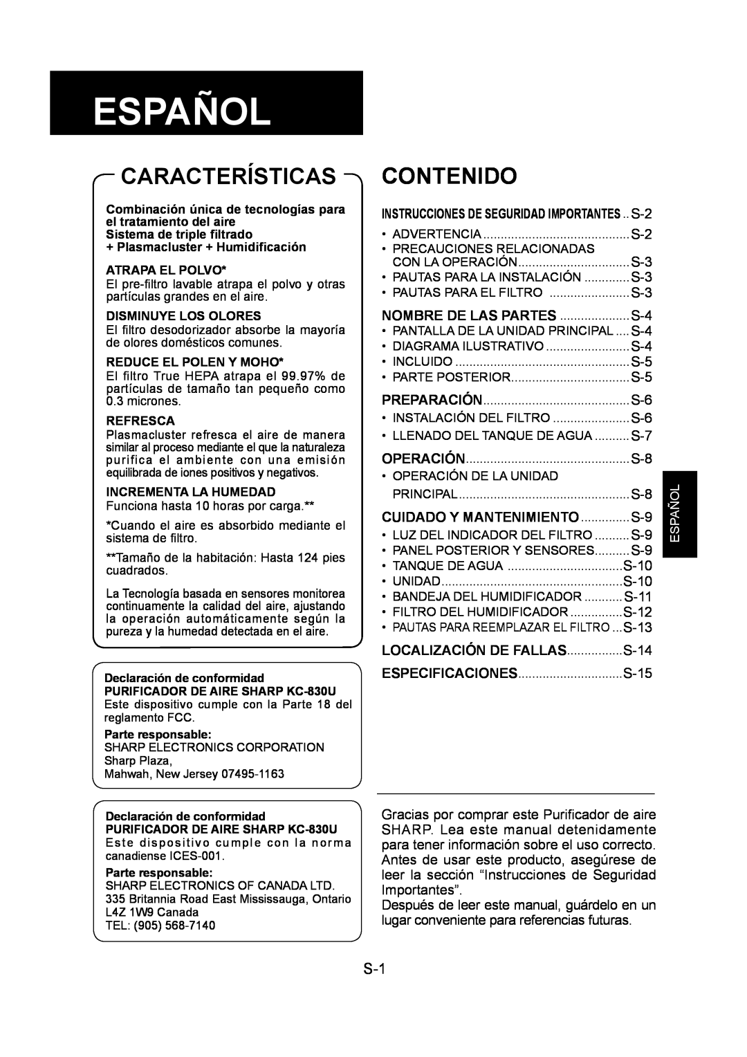 Sharp KC-830U operation manual Español, Características, Contenido 