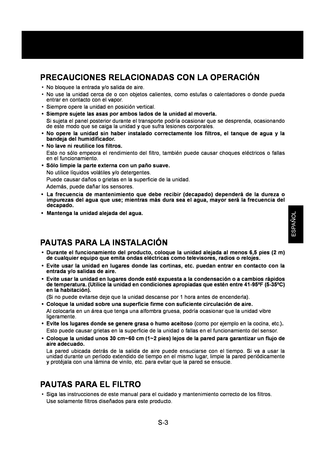 Sharp KC-830U Precauciones Relacionadas Con La Operación, Pautas Para La Instalación, Pautas Para El Filtro, Español 