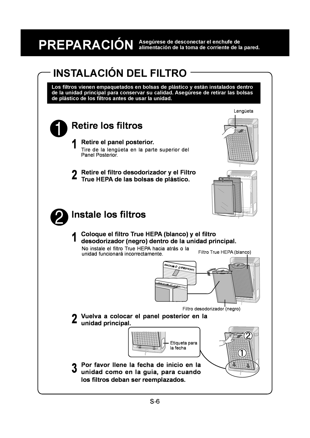 Sharp KC-830U operation manual Instalación Del Filtro, Retire los ﬁltros, Instale los ﬁltros 
