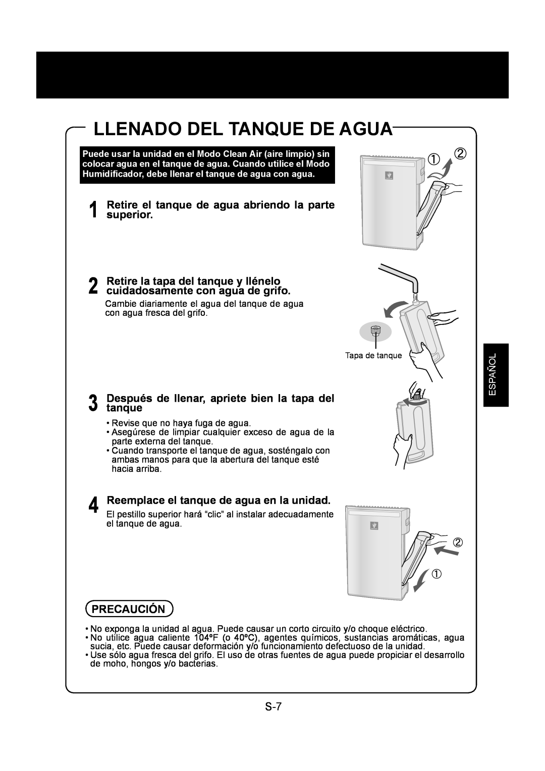 Sharp KC-830U operation manual Llenado Del Tanque De Agua 
