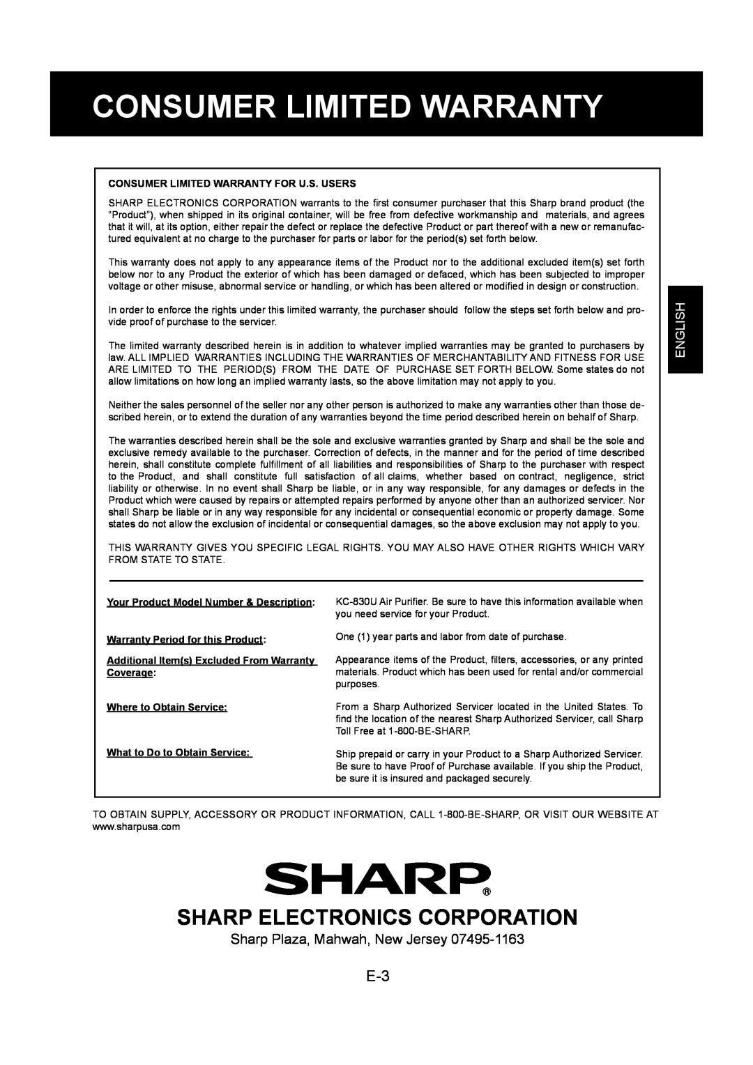 Sharp KC-830U operation manual Sharp Electronics Corporation, English, Consumer Limited Warranty For U.S. Users 