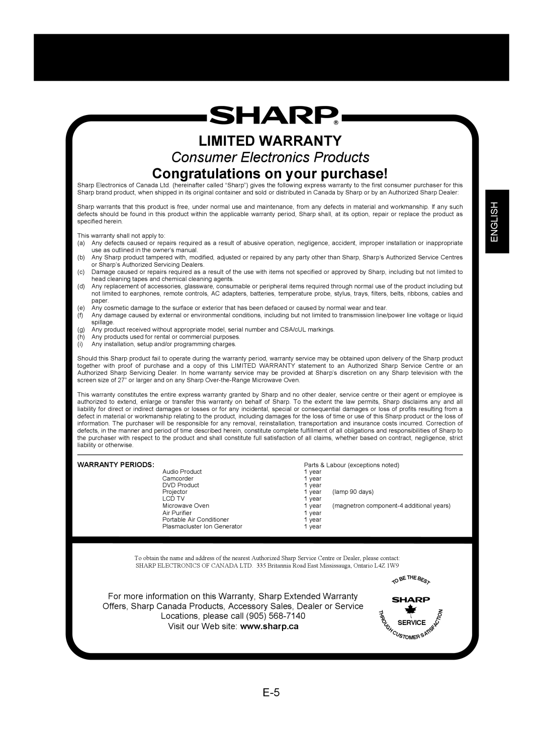 Sharp KC-830U Limited Warranty, Consumer Electronics Products, Congratulations on your purchase, English, Warranty Periods 
