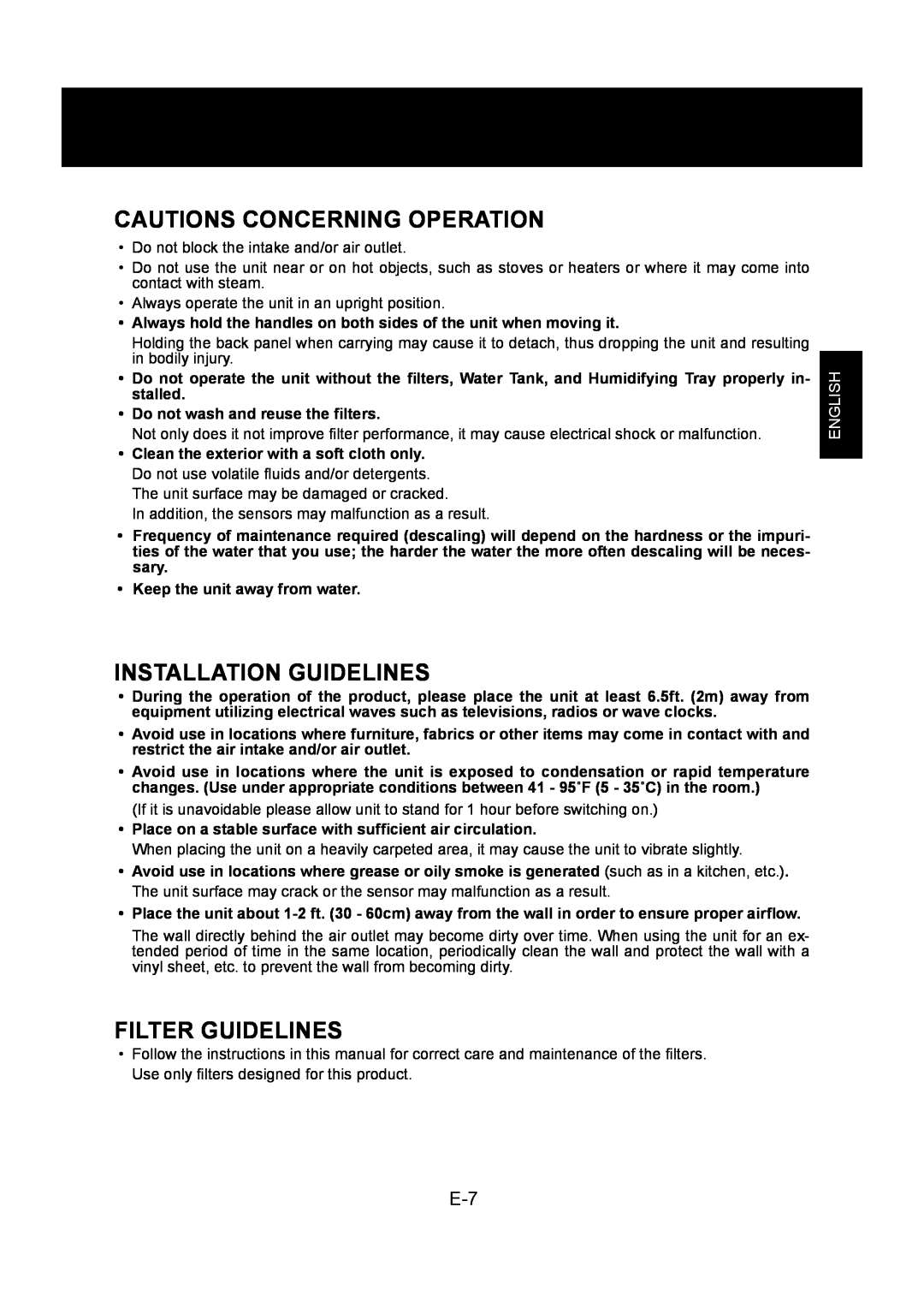 Sharp KC-830U operation manual Cautions Concerning Operation, Installation Guidelines, Filter Guidelines, English 