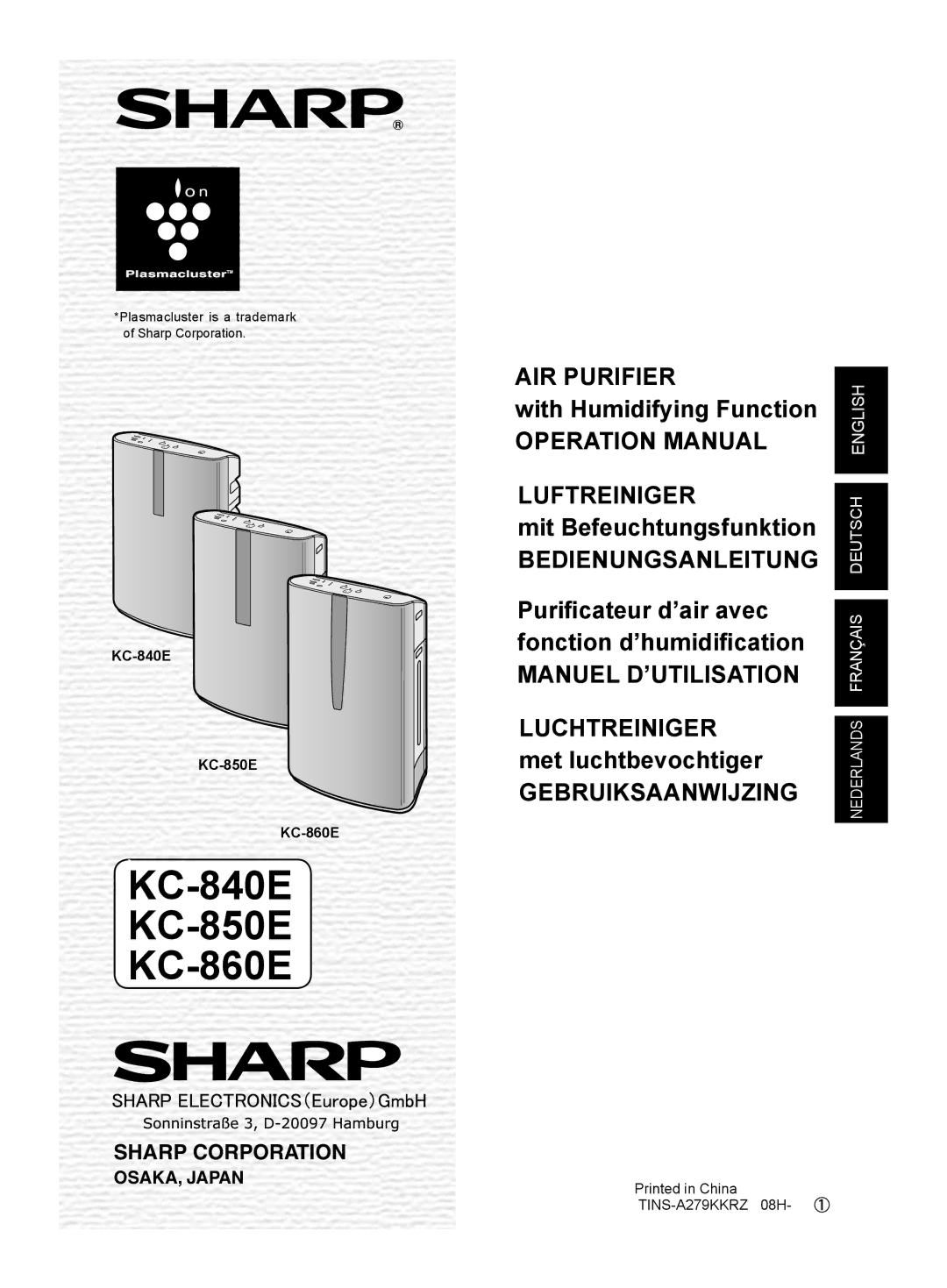 Sharp KC-860E operation manual AIR Purifier, Luftreiniger, Bedienungsanleitung, Manuel D’UTILISATION, Gebruiksaanwijzing 