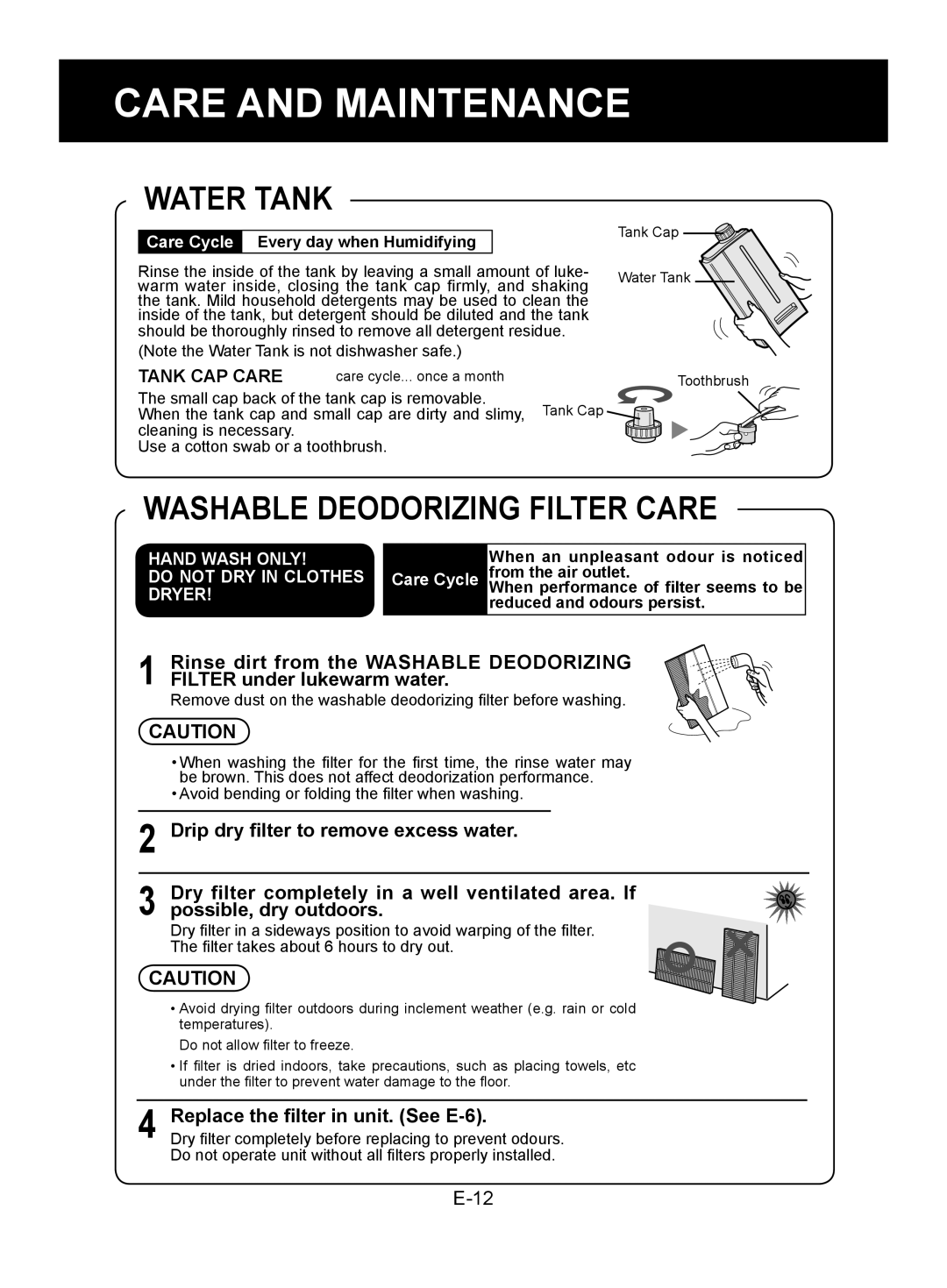 Sharp KC-850E, KC-840E, KC-860E Water Tank, Washable Deodorizing Filter Care, Replace the filter in unit. See E-6 