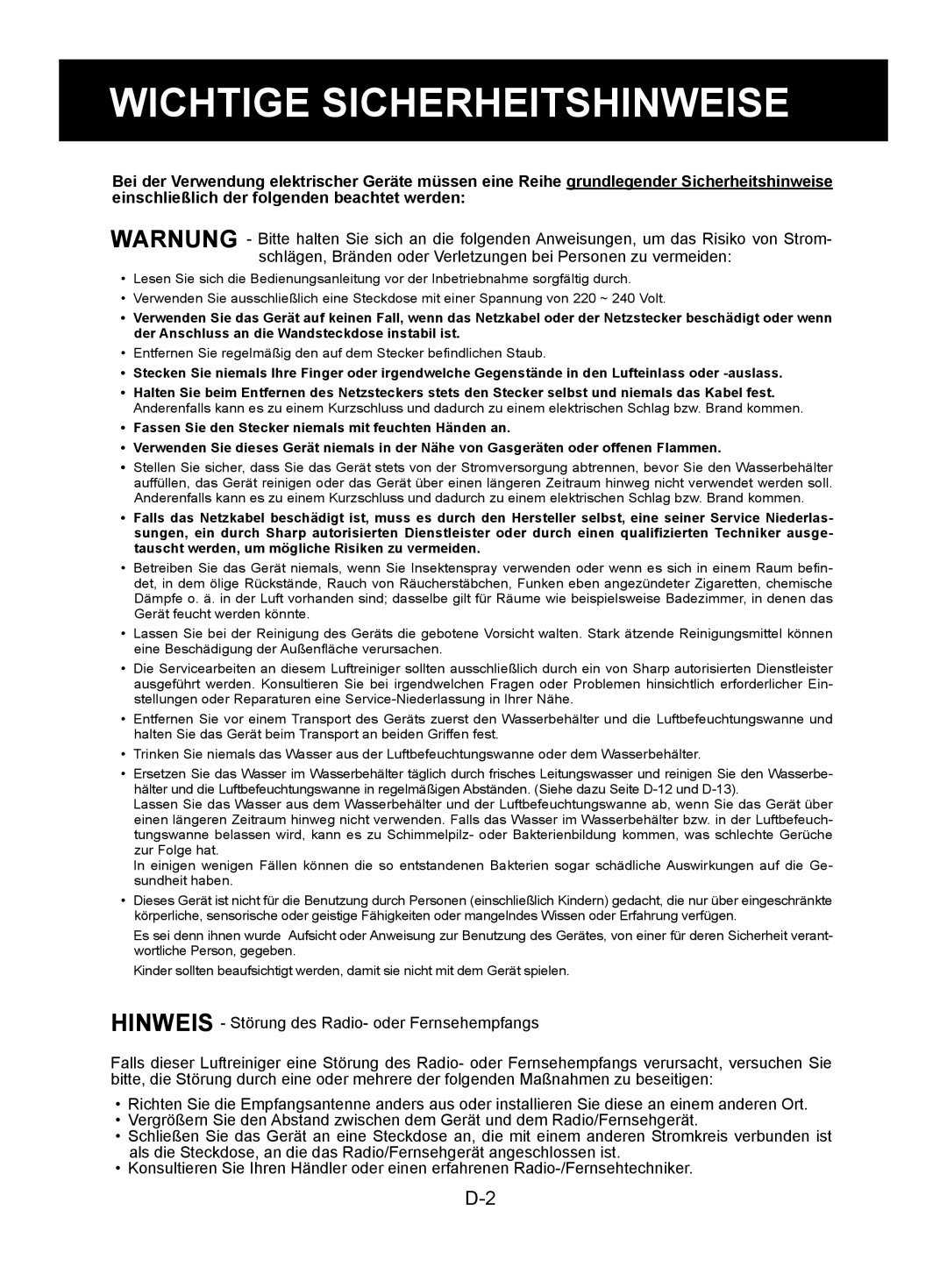 Sharp KC-850E, KC-840E, KC-860E operation manual Wichtige Sicherheitshinweise 