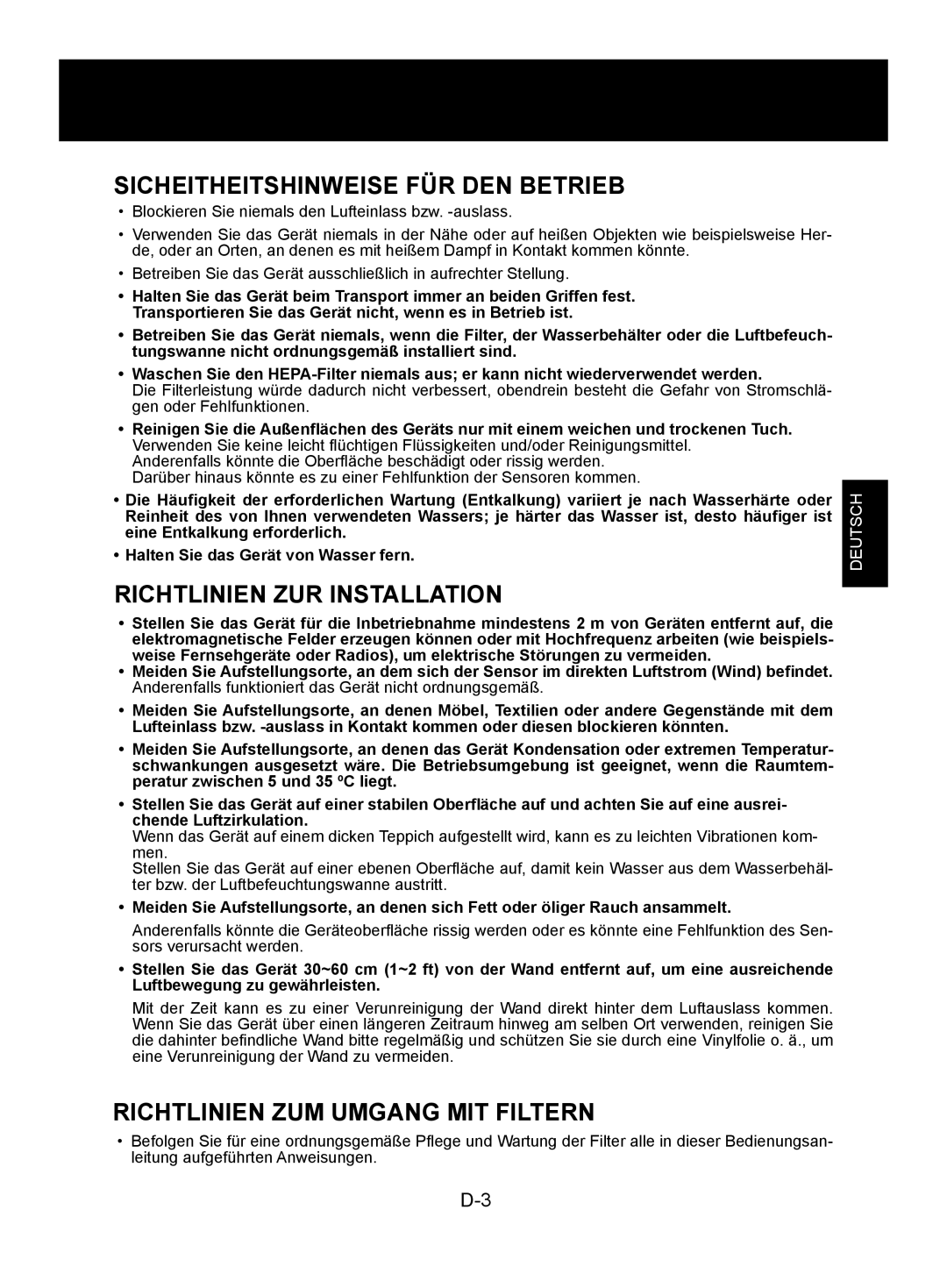 Sharp KC-840E Sicheitheitshinweise FÜR DEN Betrieb, Richtlinien ZUR Installation, Richtlinien ZUM Umgang MIT Filtern 