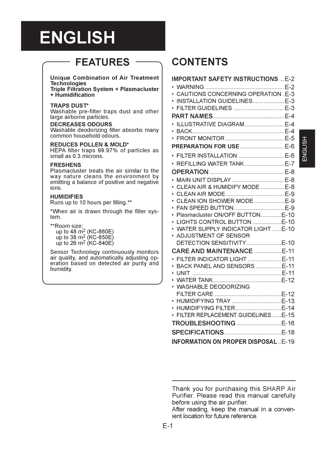 Sharp KC-840E, KC-860E, KC-850E operation manual Features, Contents 