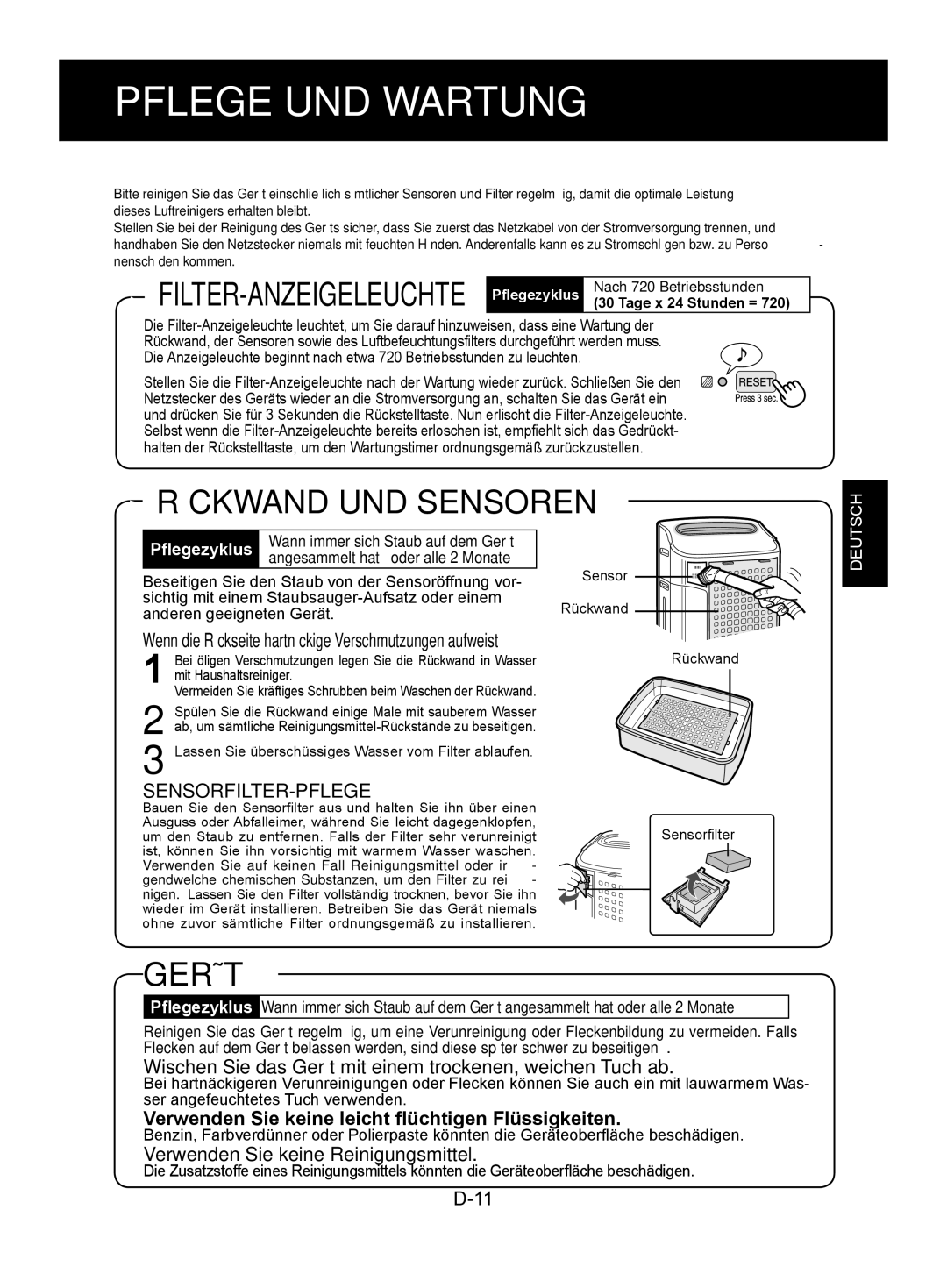 Sharp KC-850E, KC-840E, KC-860E operation manual Pflege UND Wartung, Rückwand UND Sensoren, Gerät, Sensorfilter-Pflege 