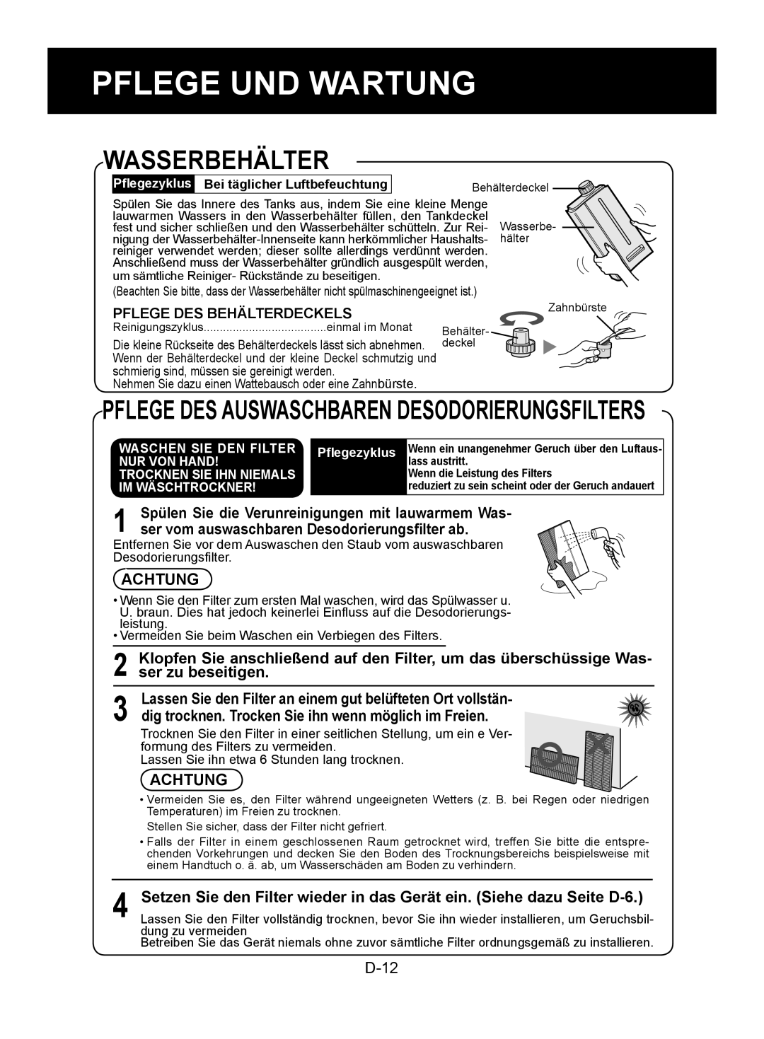 Sharp KC-840E, KC-860E, KC-850E operation manual Wasserbehälter, Achtung, Bei täglicher Luftbefeuchtung, Dung zu vermeiden 