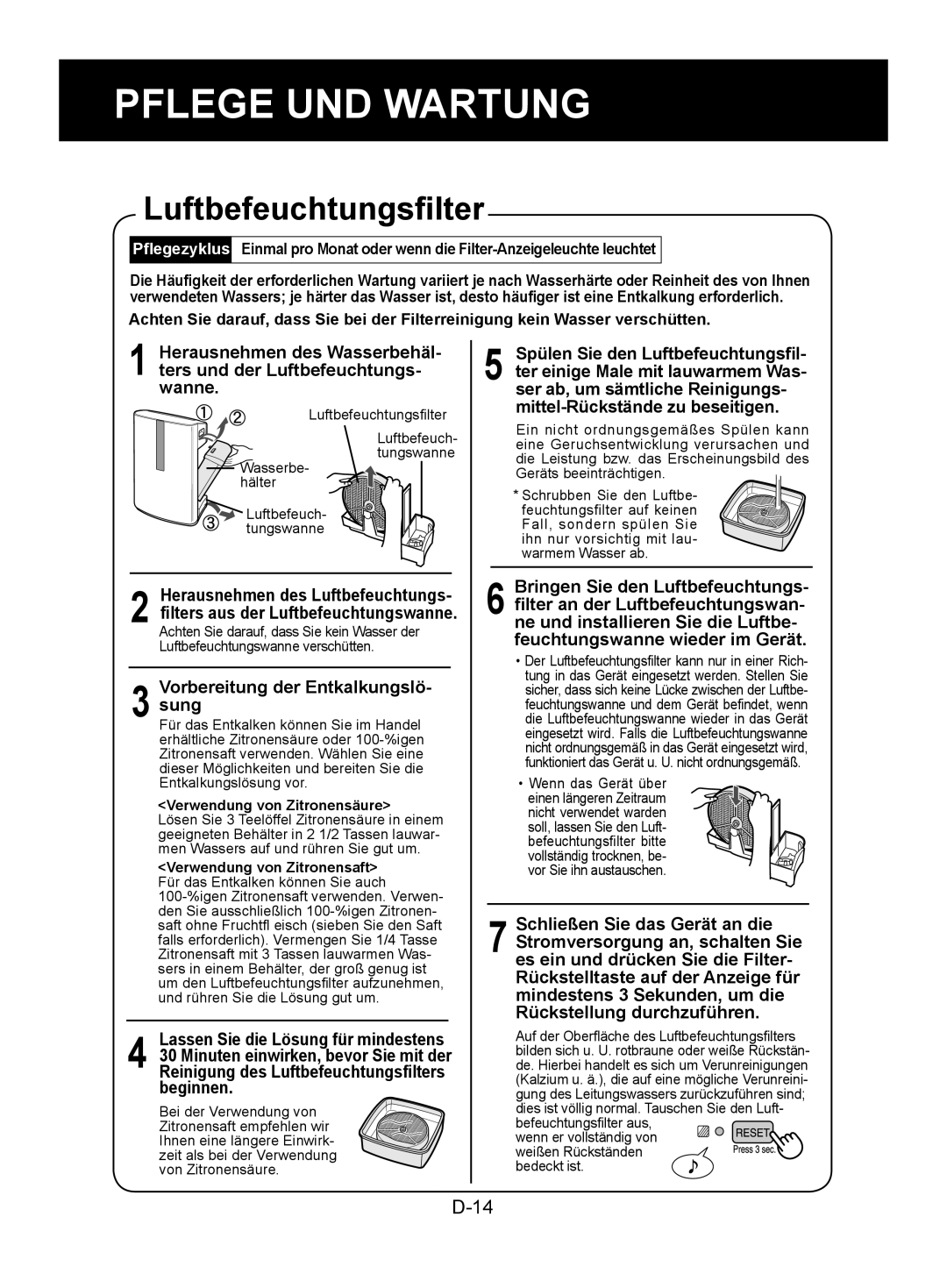 Sharp KC-850E, KC-840E, KC-860E operation manual Luftbefeuchtungsfilter, Verwendung von Zitronensäure 