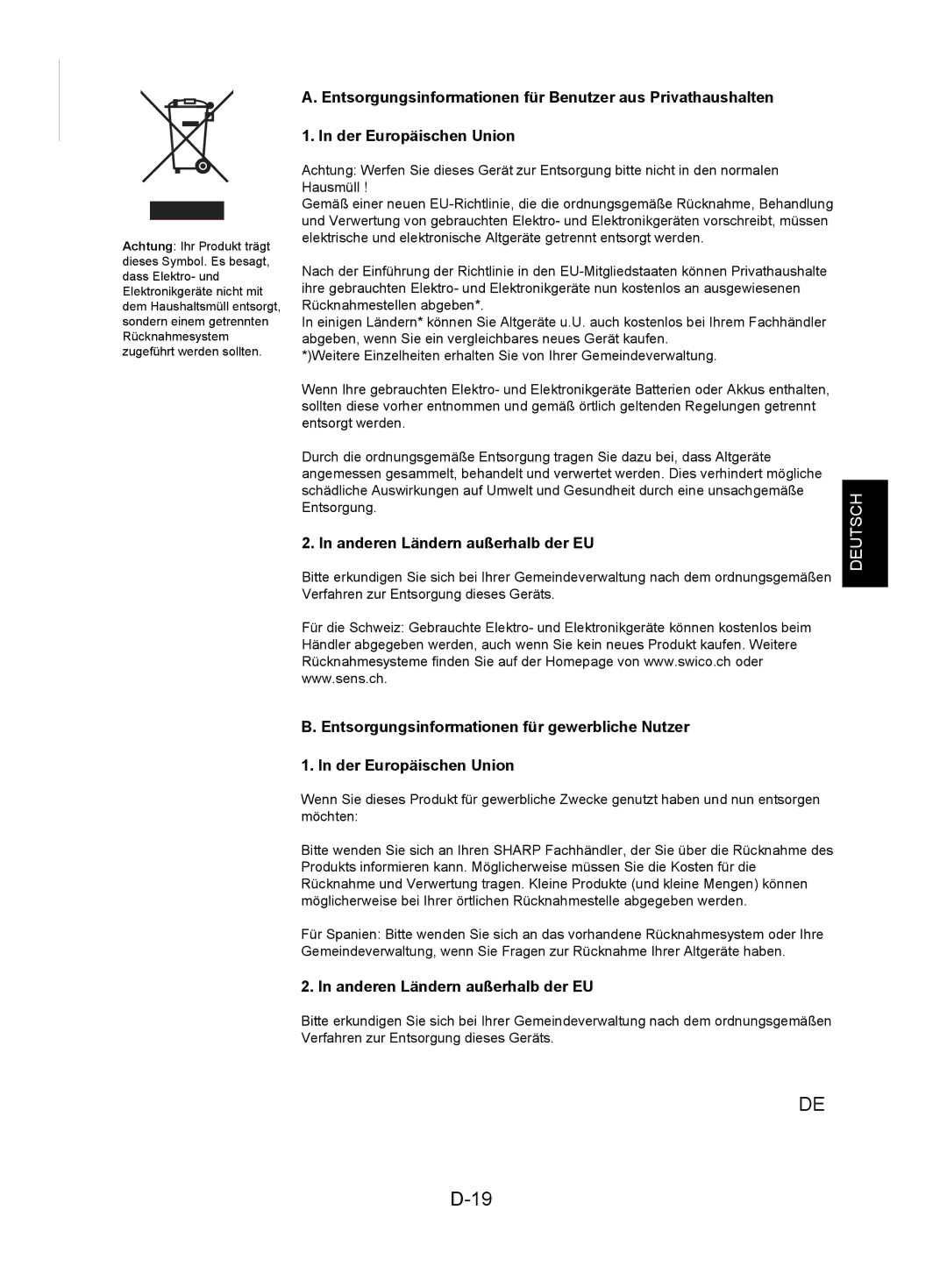 Sharp KC-860E, KC-840E, KC-850E operation manual Anderen Ländern außerhalb der EU 