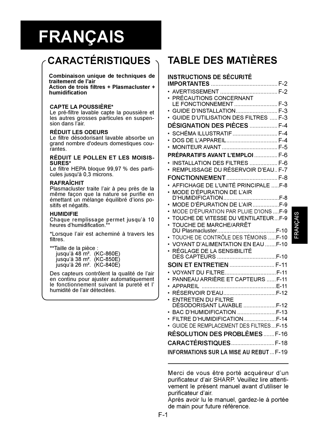 Sharp KC-850E, KC-840E, KC-860E operation manual Caractéristiques, Table DES Matières 