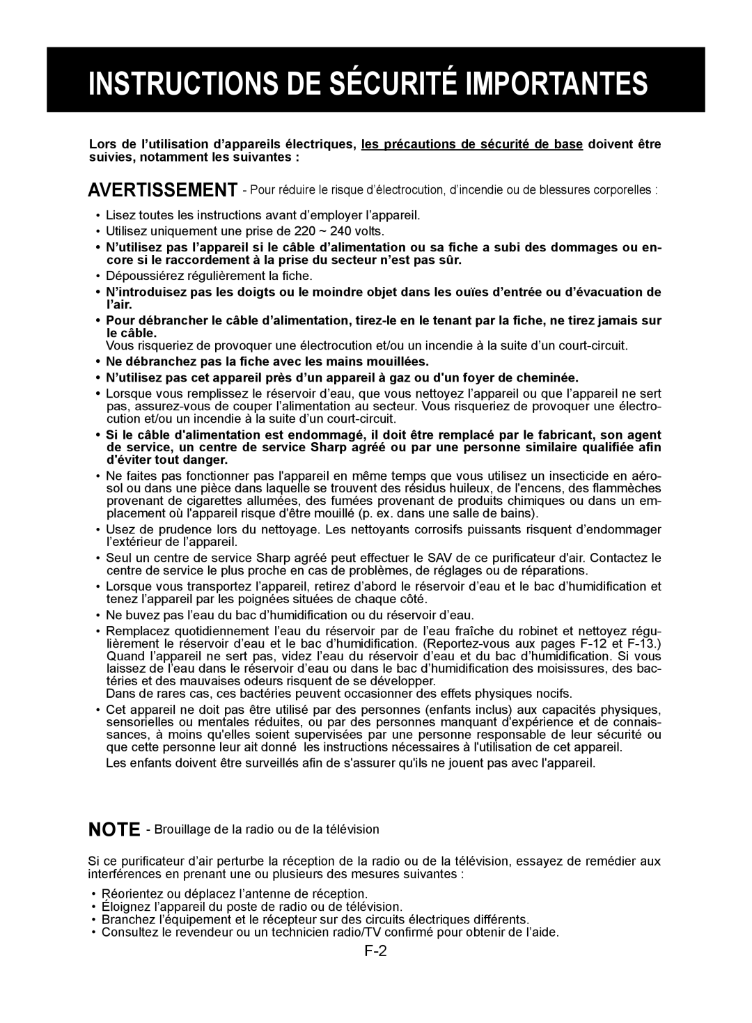 Sharp KC-840E, KC-860E, KC-850E operation manual Instructions DE Sécurité Importantes, Dépoussiérez régulièrement la fiche 