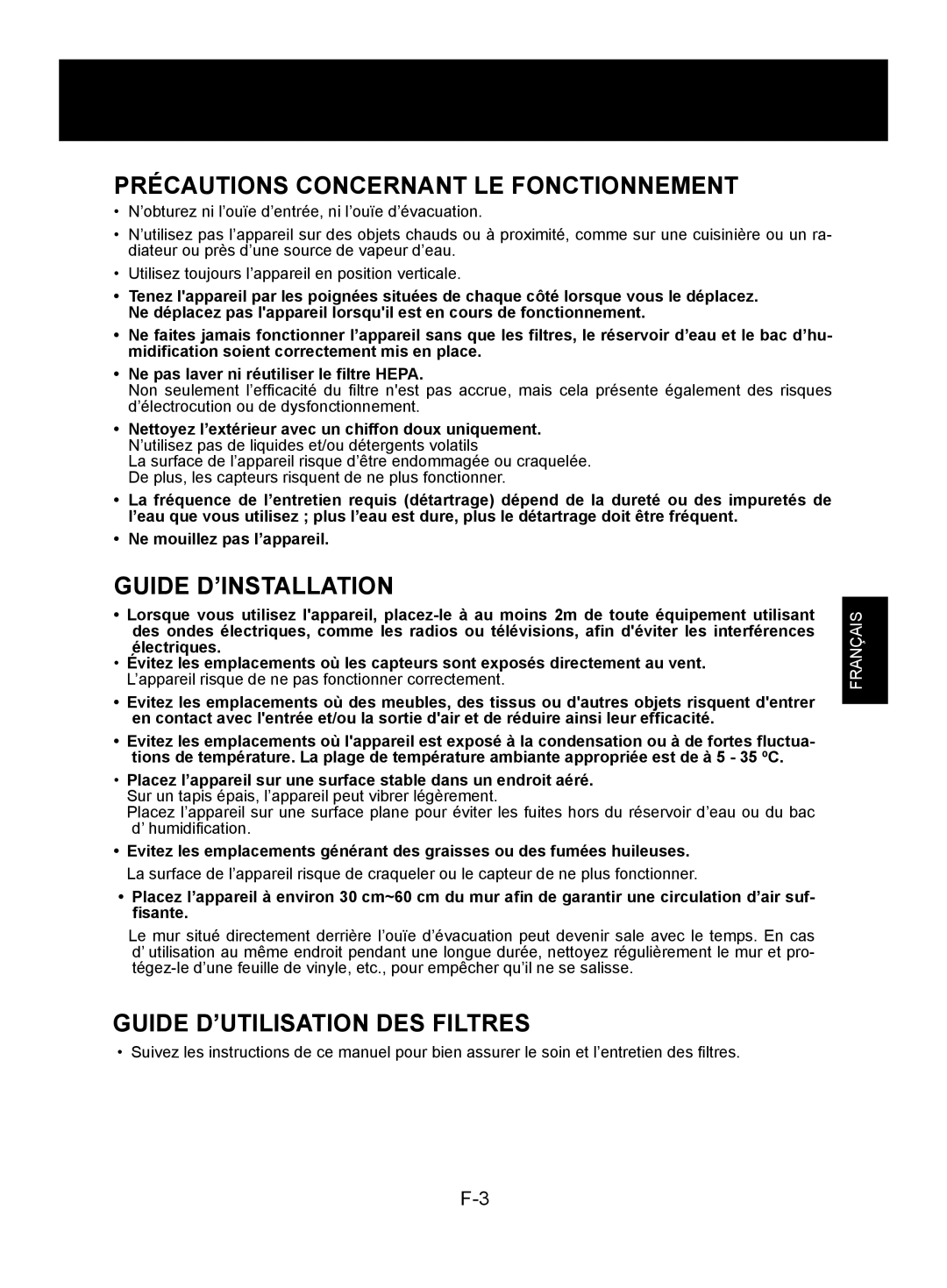 Sharp KC-860E, KC-840E Précautions Concernant LE Fonctionnement, Guide D’INSTALLATION, Guide D’UTILISATION DES Filtres 